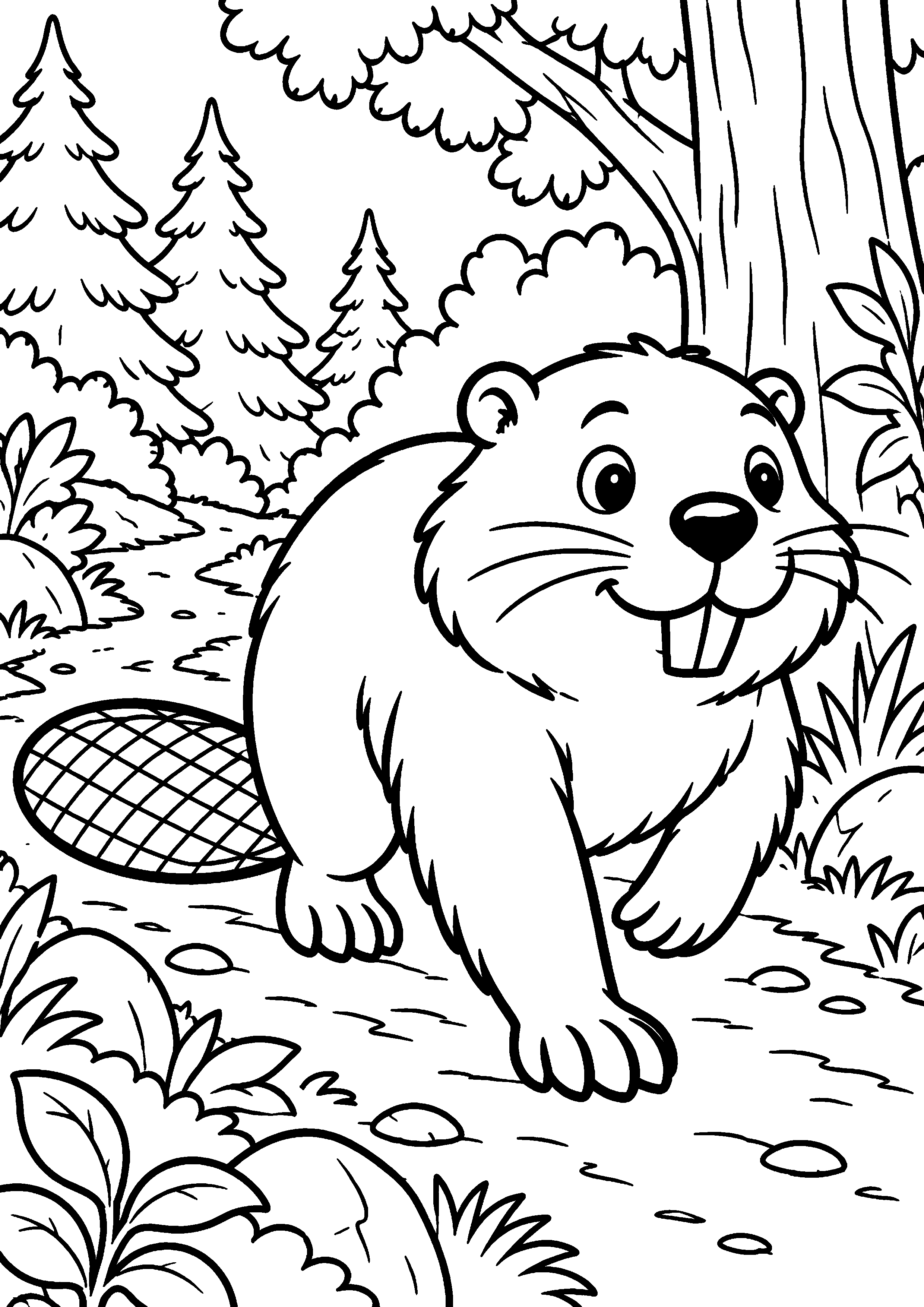 Grand coloriage d’un castor transportant un élément naturel, contours noirs nets sur fond blanc