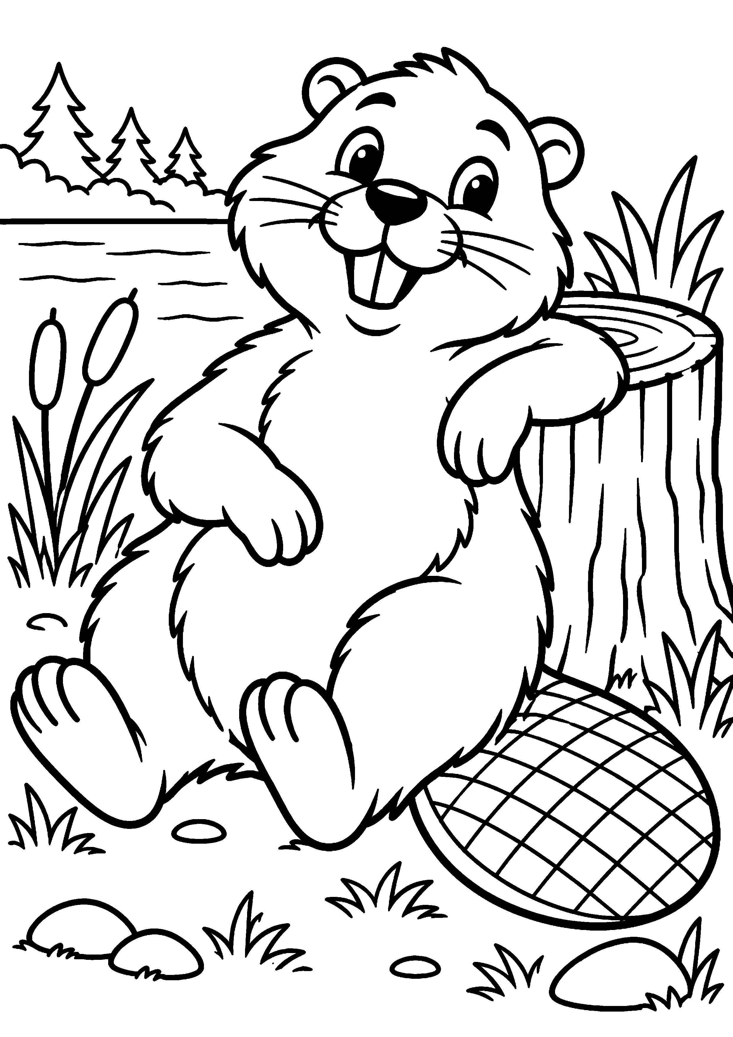 Grand coloriage d’un castor écoutant un bruit dans son habitat, contours noirs nets sur fond blanc
