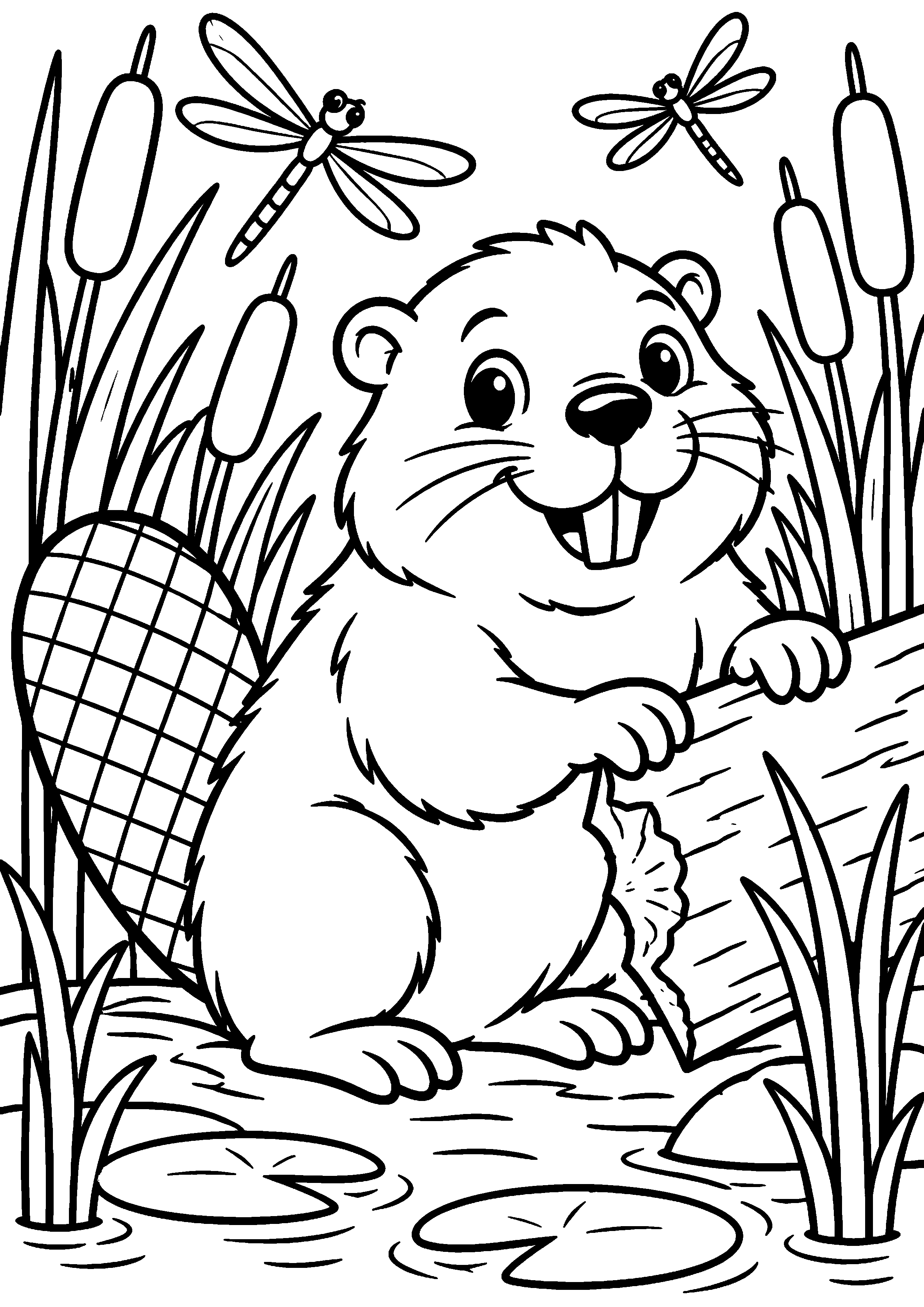 Grand coloriage d’un castor sortant derrière de grandes feuilles, contours noirs nets sur fond blanc
