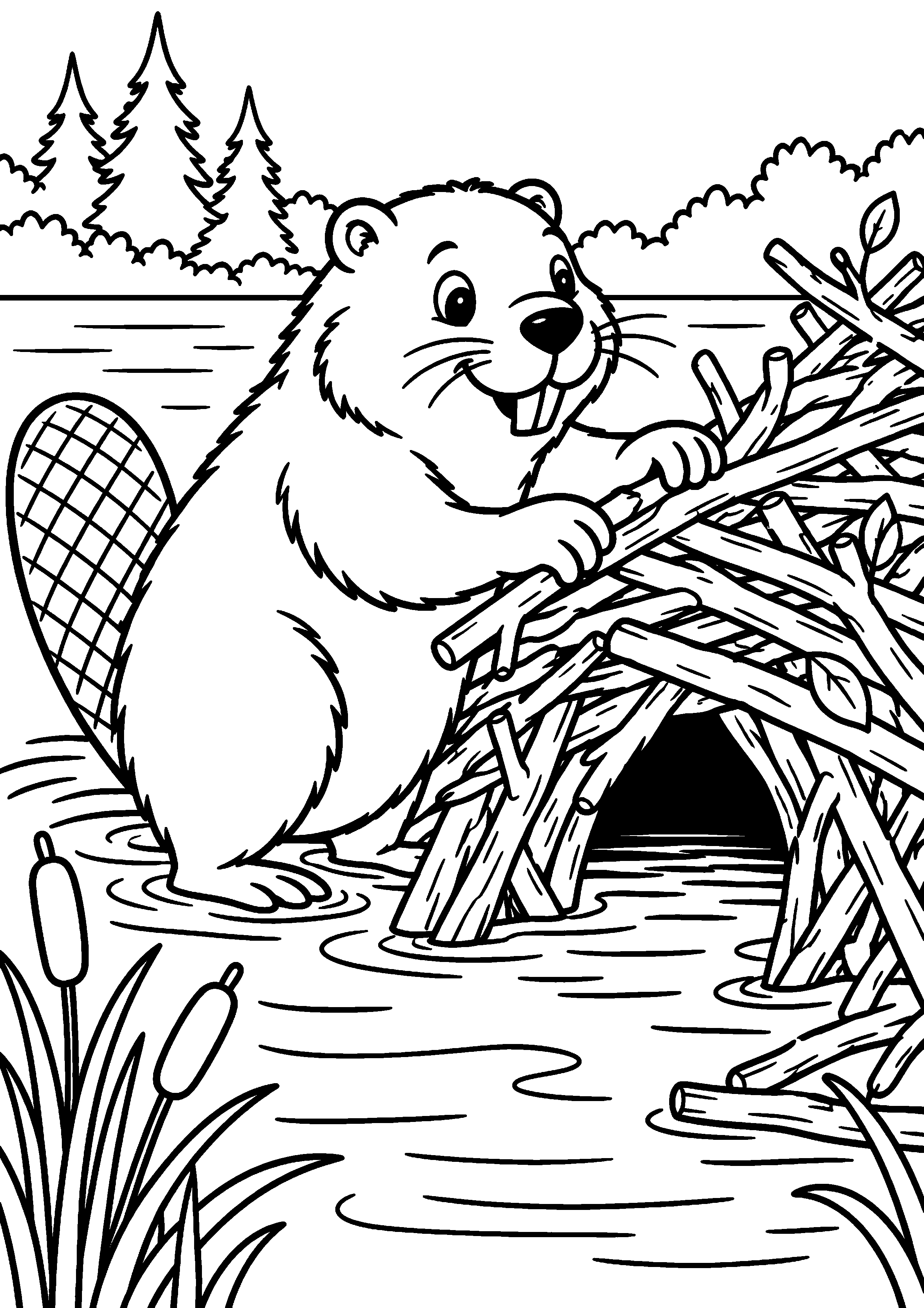 Grand coloriage d’un castor devant un paysage naturel simplifié, contours noirs nets sur fond blanc