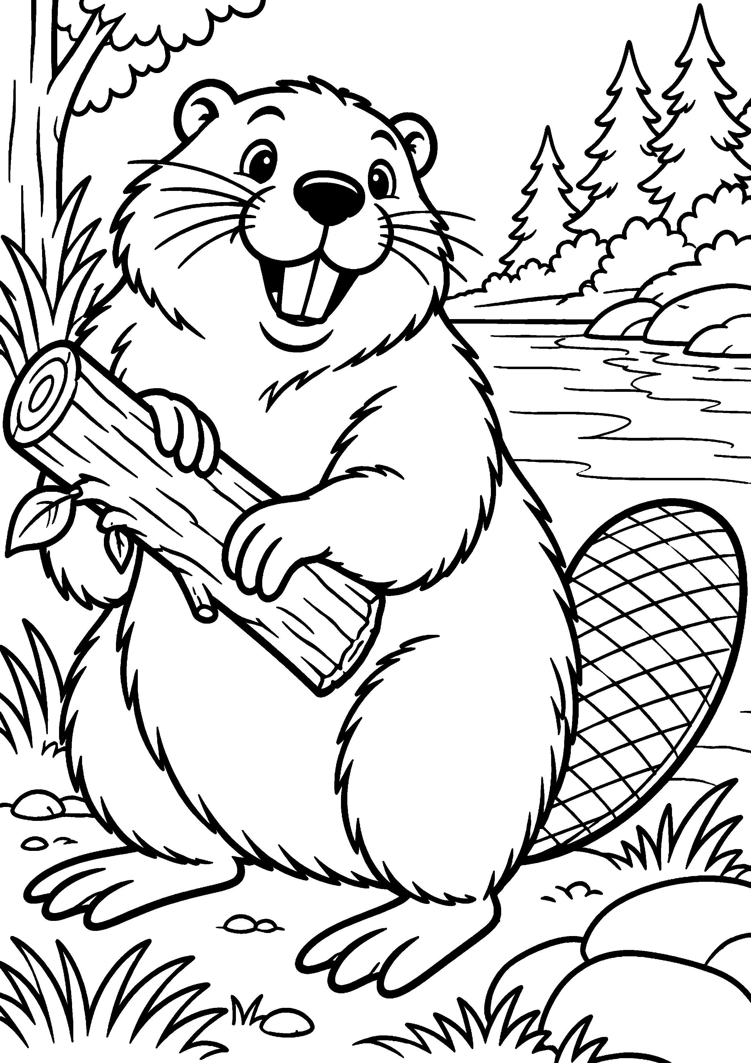 Grand coloriage d’un castor dans une composition naturaliste détaillée, contours noirs nets sur fond blanc