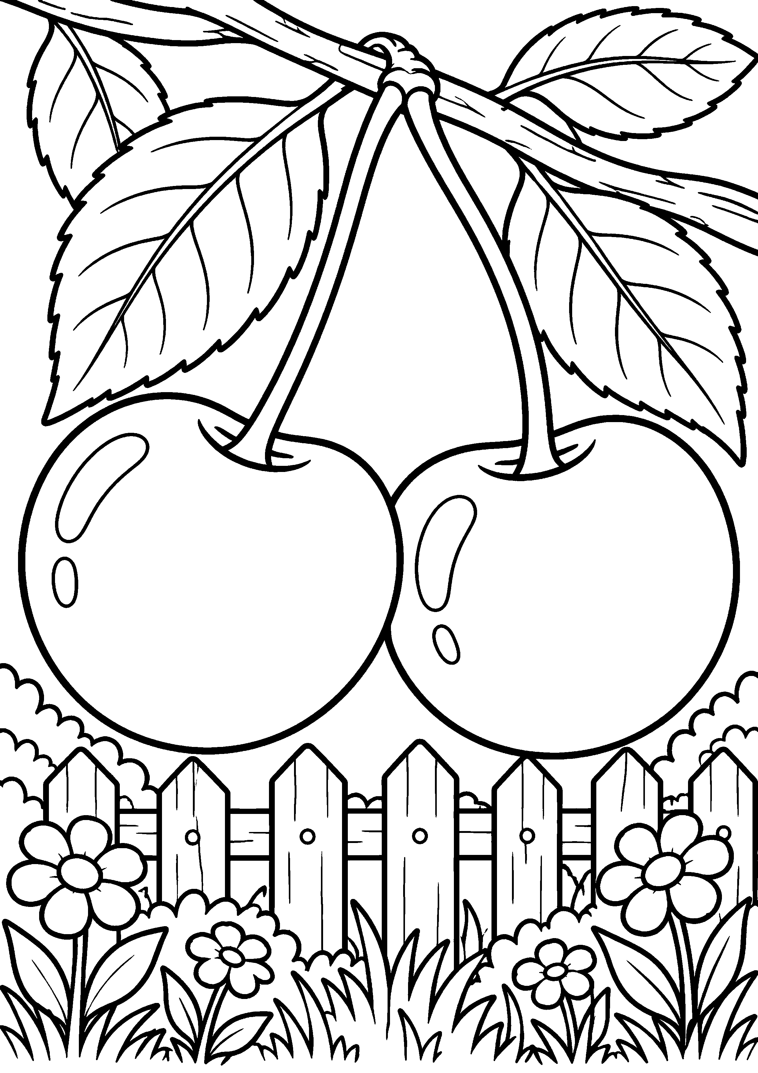 Grand coloriage d’une cerise dans un panier généreusement rempli, contours noirs nets sur fond blanc