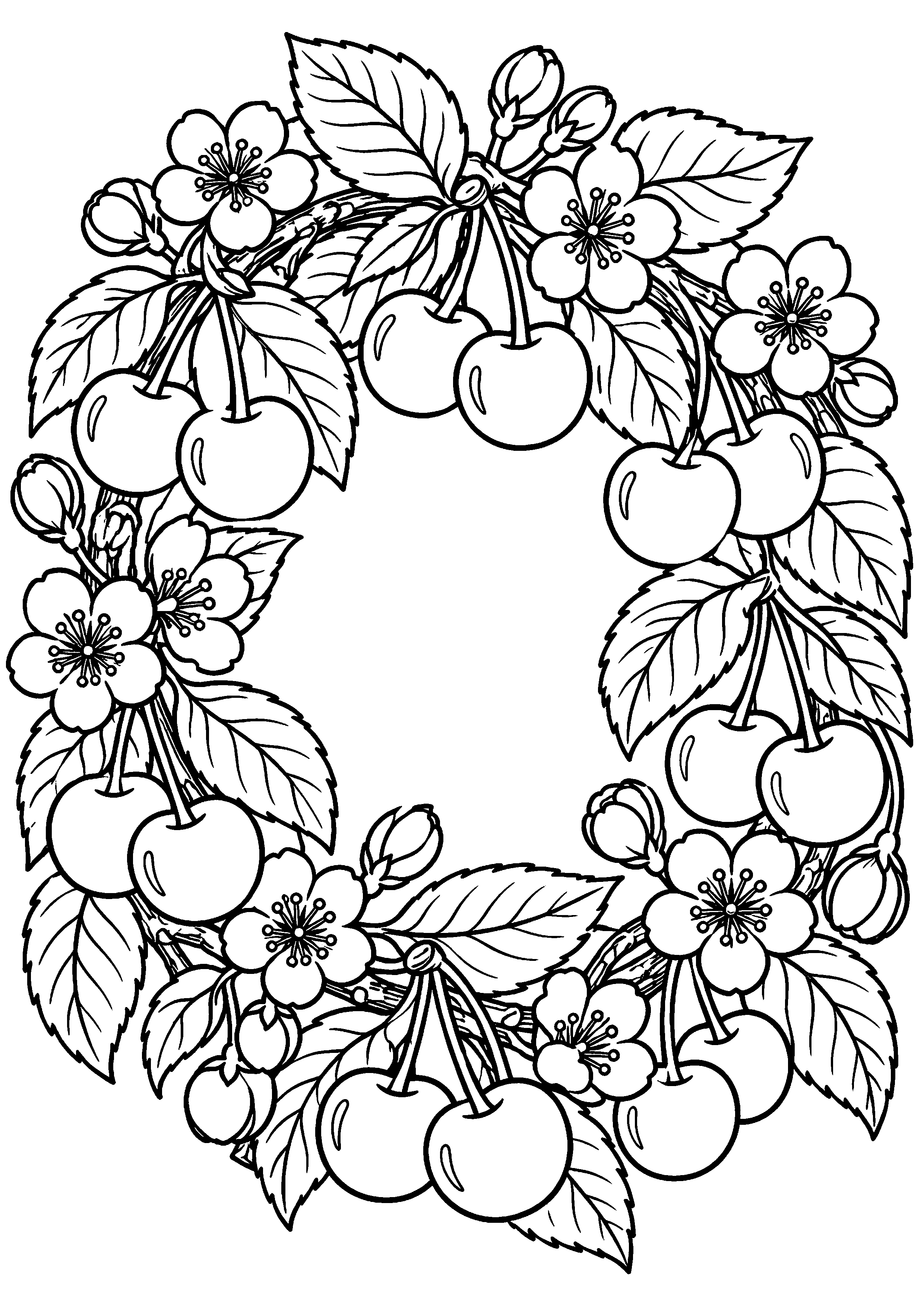 Grand coloriage d’une cerise sur une assiette avec le fruit dominant, contours noirs nets sur fond blanc