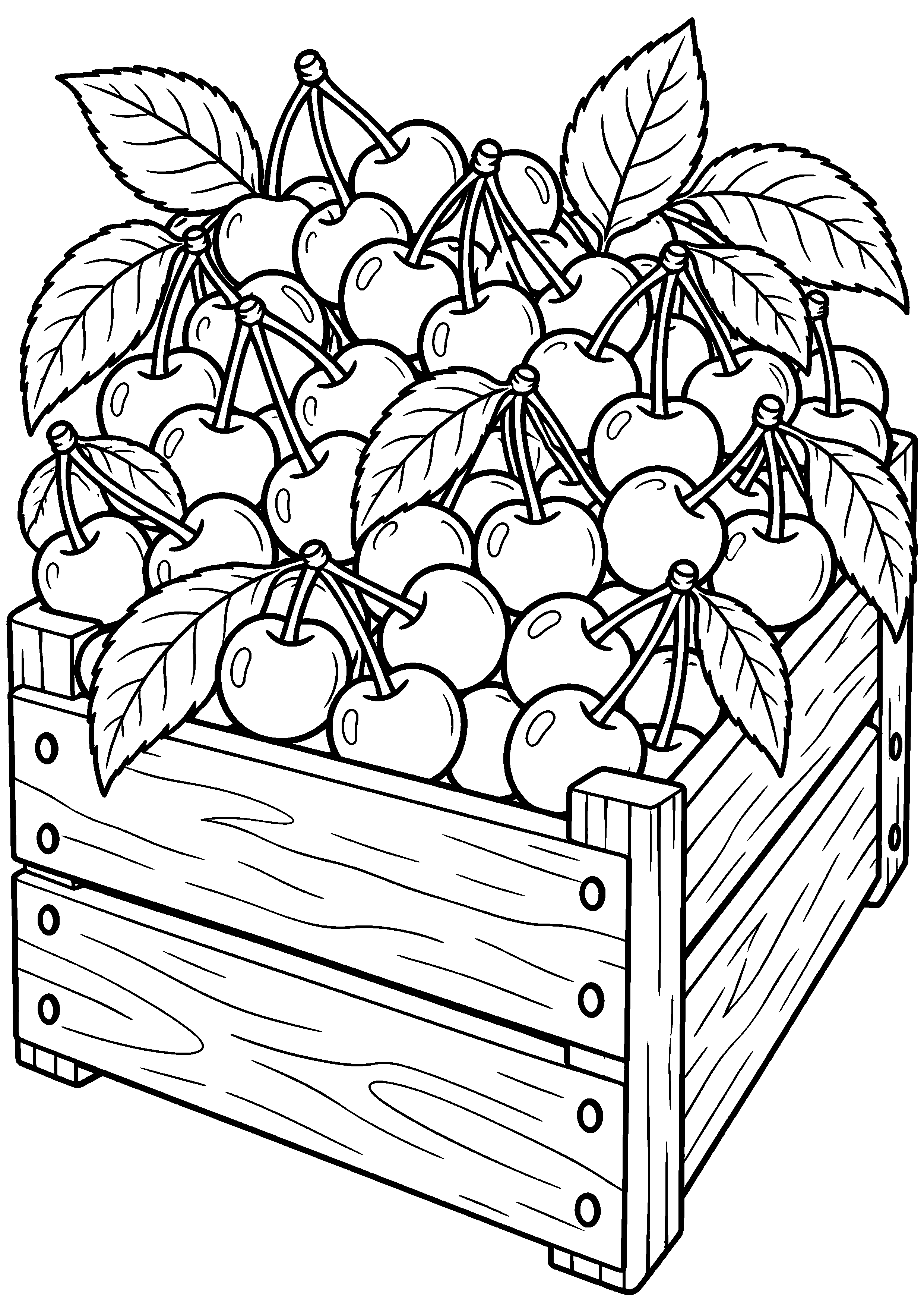 Grand coloriage d’une cerise préparée en cuisine sans marque, contours noirs nets sur fond blanc