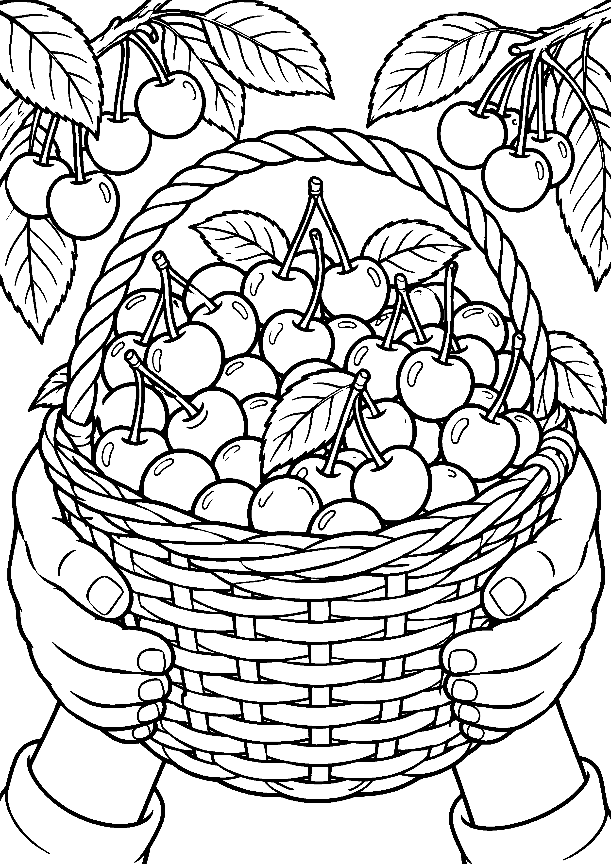 Grand coloriage d’une cerise entourée de ses ingrédients frais, contours noirs nets sur fond blanc