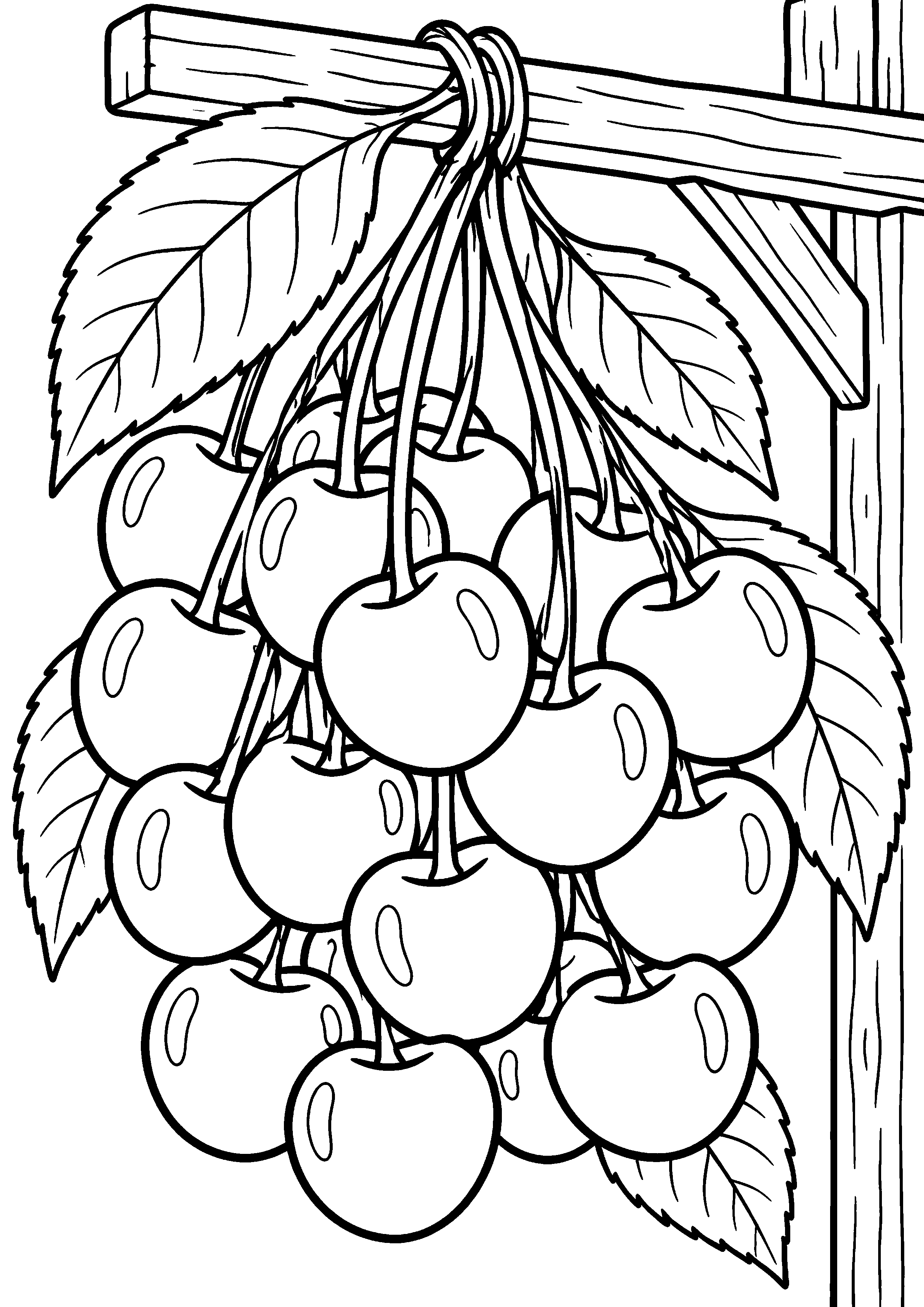 Grand coloriage d’une cerise dans une scène de goûter, contours noirs nets sur fond blanc