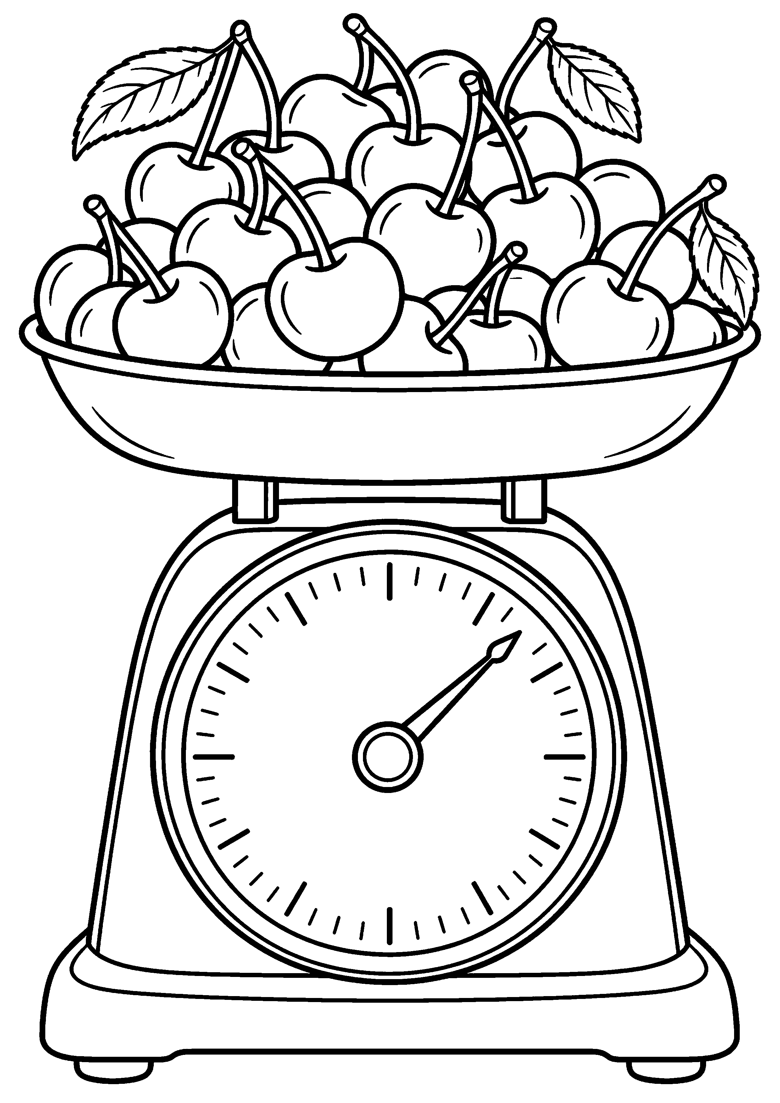 Grand coloriage d’une cerise avec des fleurs comestibles génériques, contours noirs nets sur fond blanc