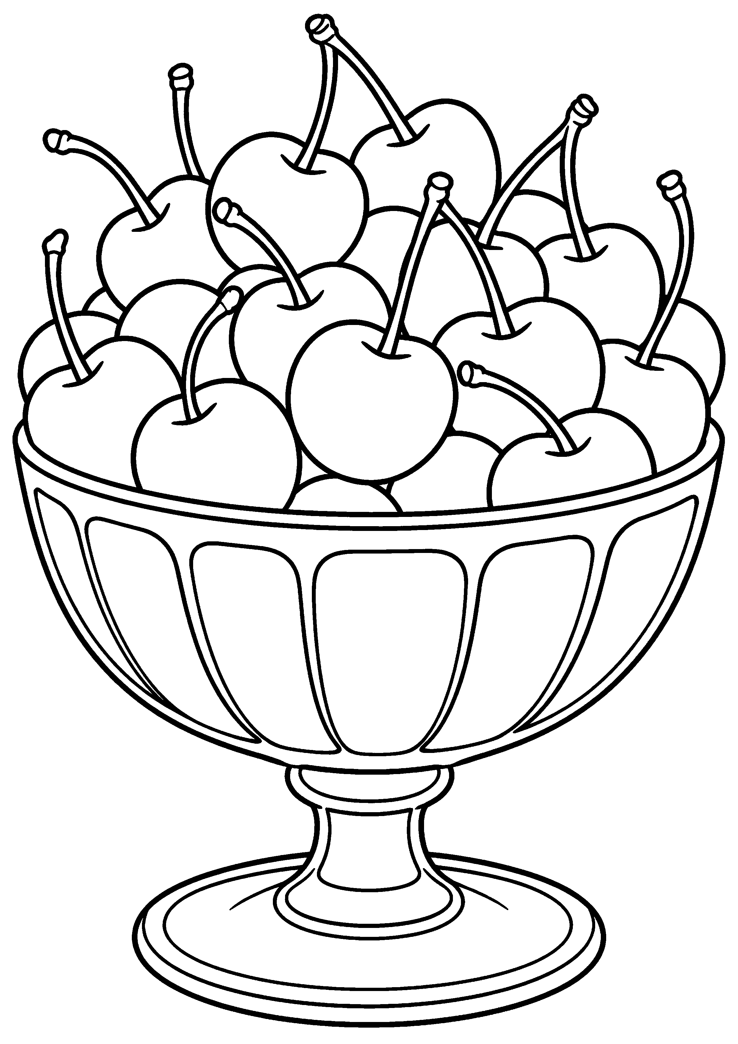 Grand coloriage d’une cerise avec des ustensiles de cuisine simples, contours noirs nets sur fond blanc