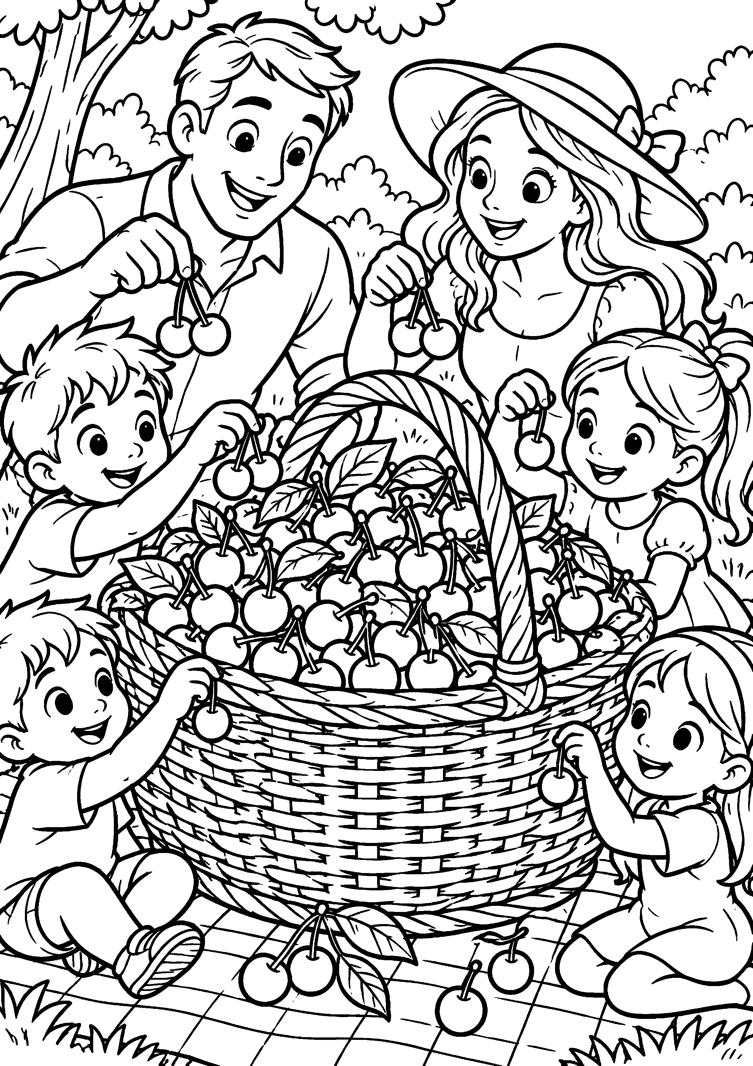 Grand coloriage d’une cerise dans une recette visuelle sans texte, contours noirs nets sur fond blanc