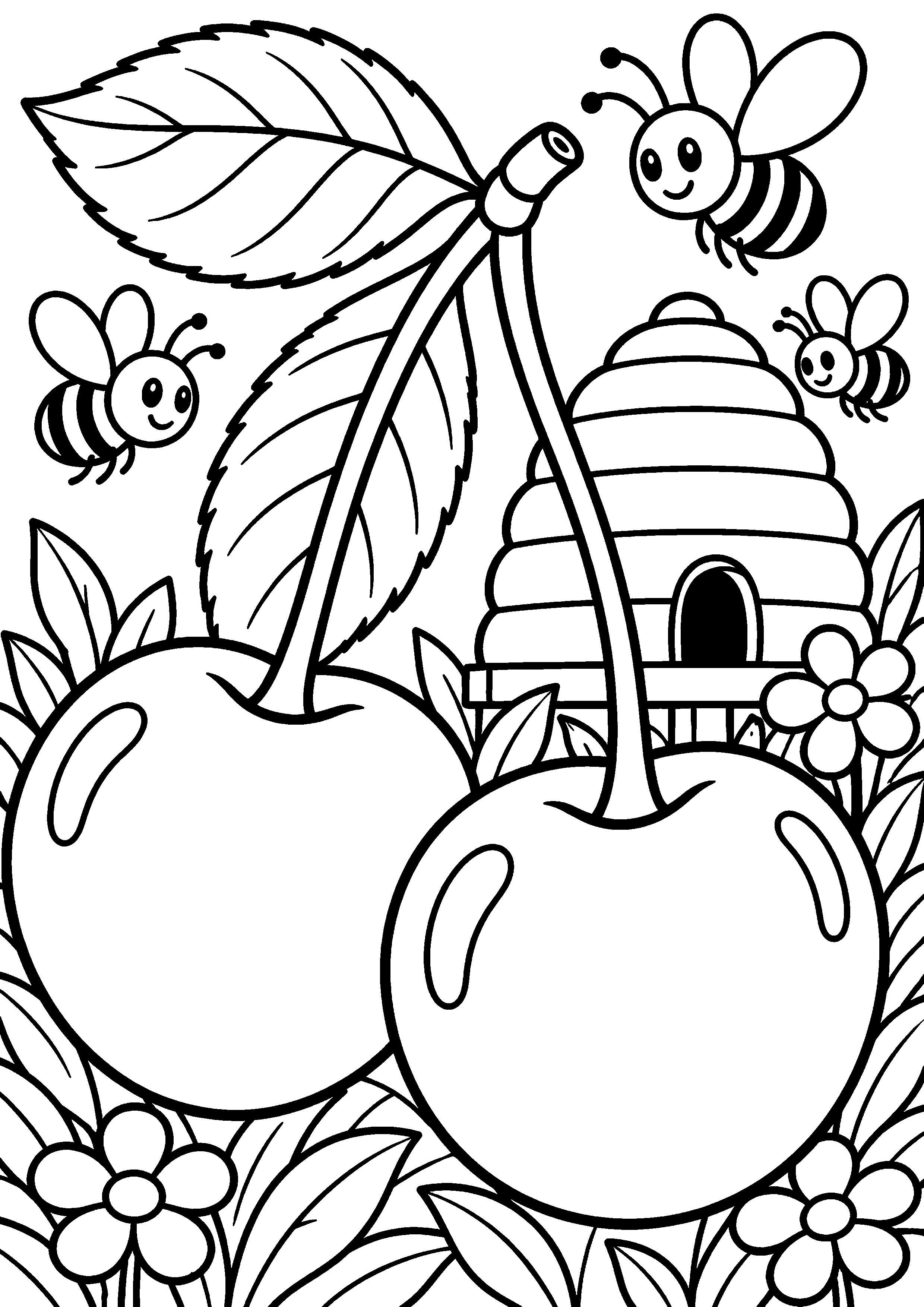 Grand coloriage d’une cerise en version détaillée avec textures linéaires, contours noirs nets sur fond blanc