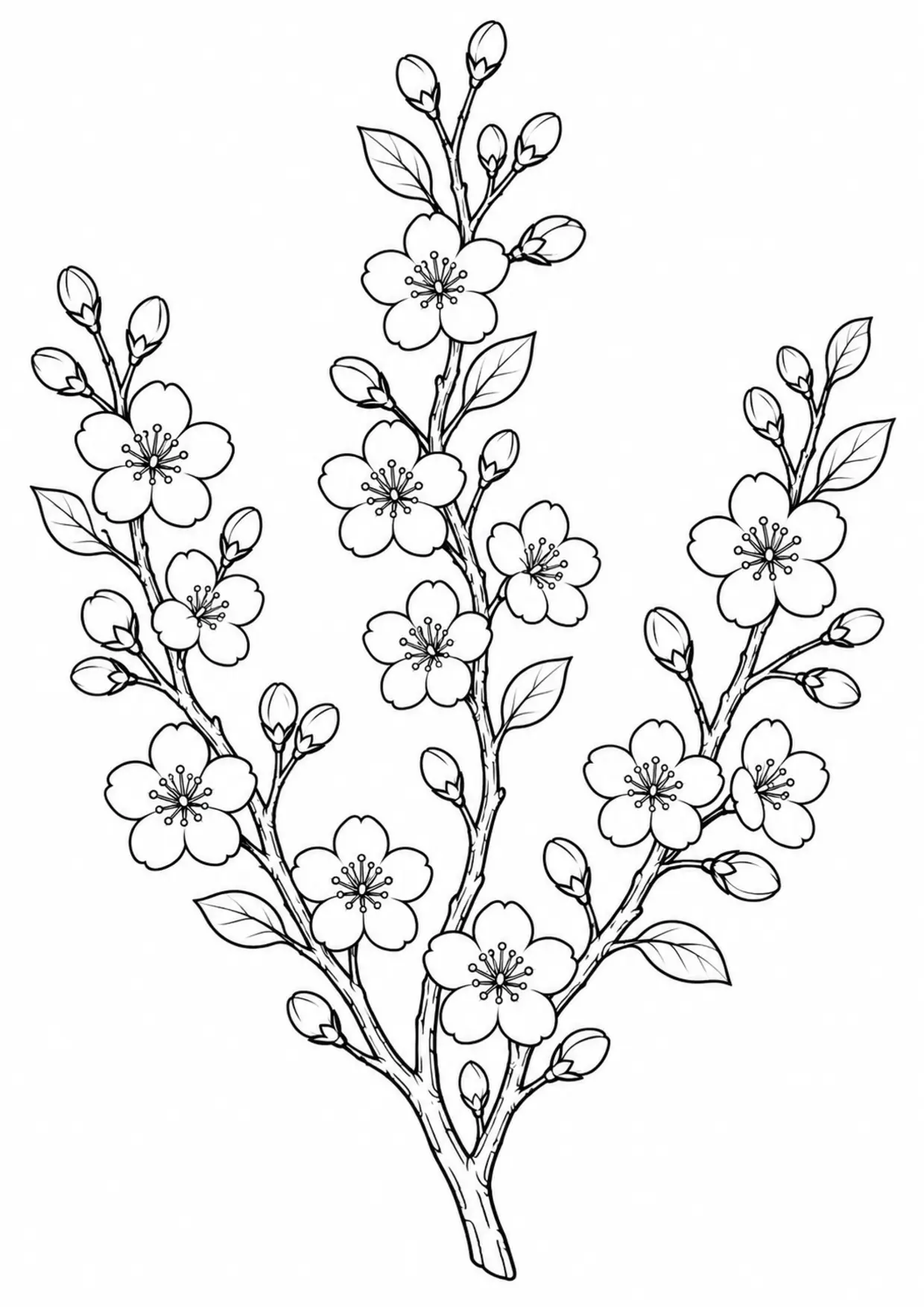 Coloriage cerisier en fleurs à imprimer montrant branche, illustration 1
