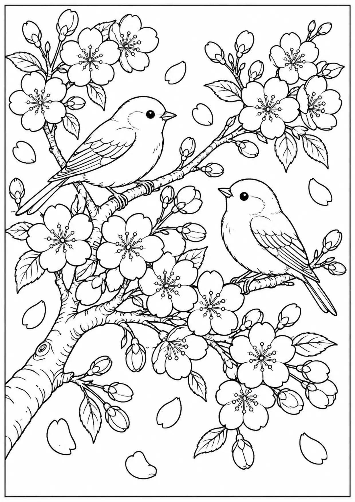 Coloriage cerisier en fleurs à imprimer montrant oiseaux, illustration 2