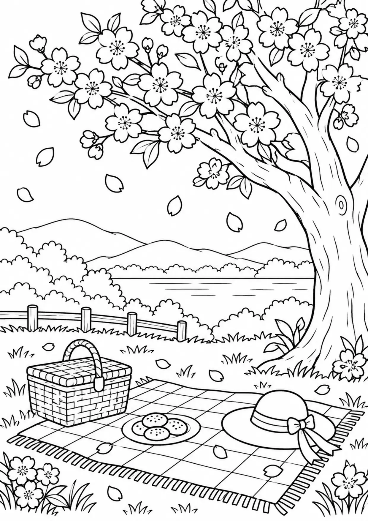 Coloriage cerisier en fleurs à imprimer montrant pique nique, illustration 4