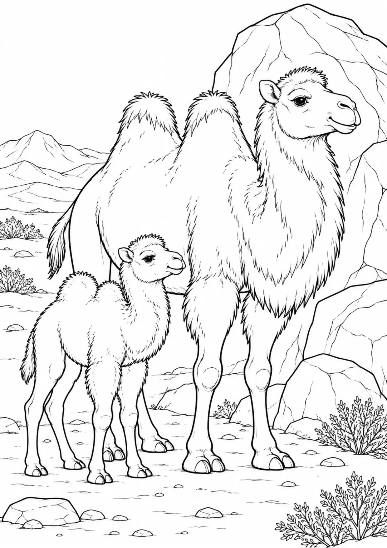 Coloriage chameau : adulte et petit près d’un rocher à imprimer