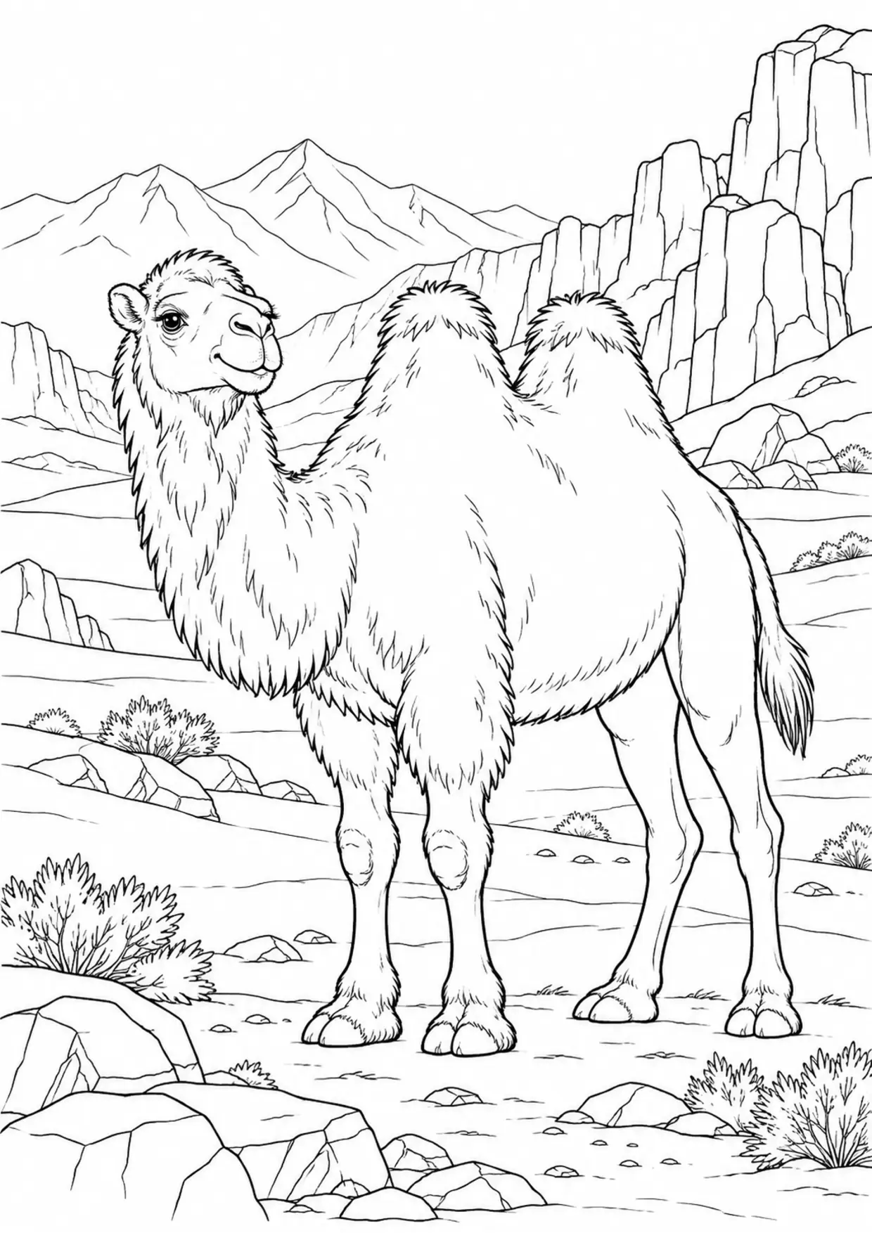 Coloriage chameau : animal dans un décor de montagnes, contours noirs nets et zones fermées sur fond blanc
