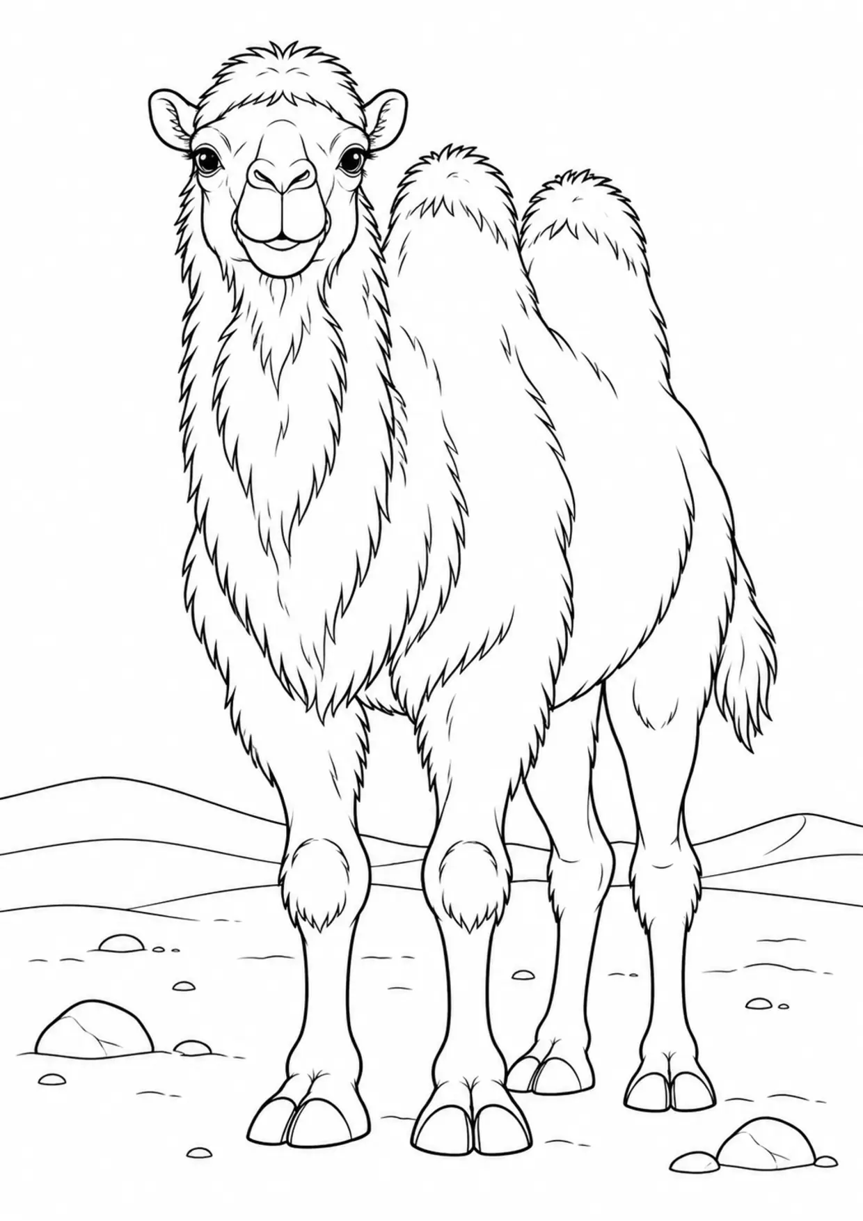 Coloriage chameau : grand portrait de face aux contours simples à imprimer
