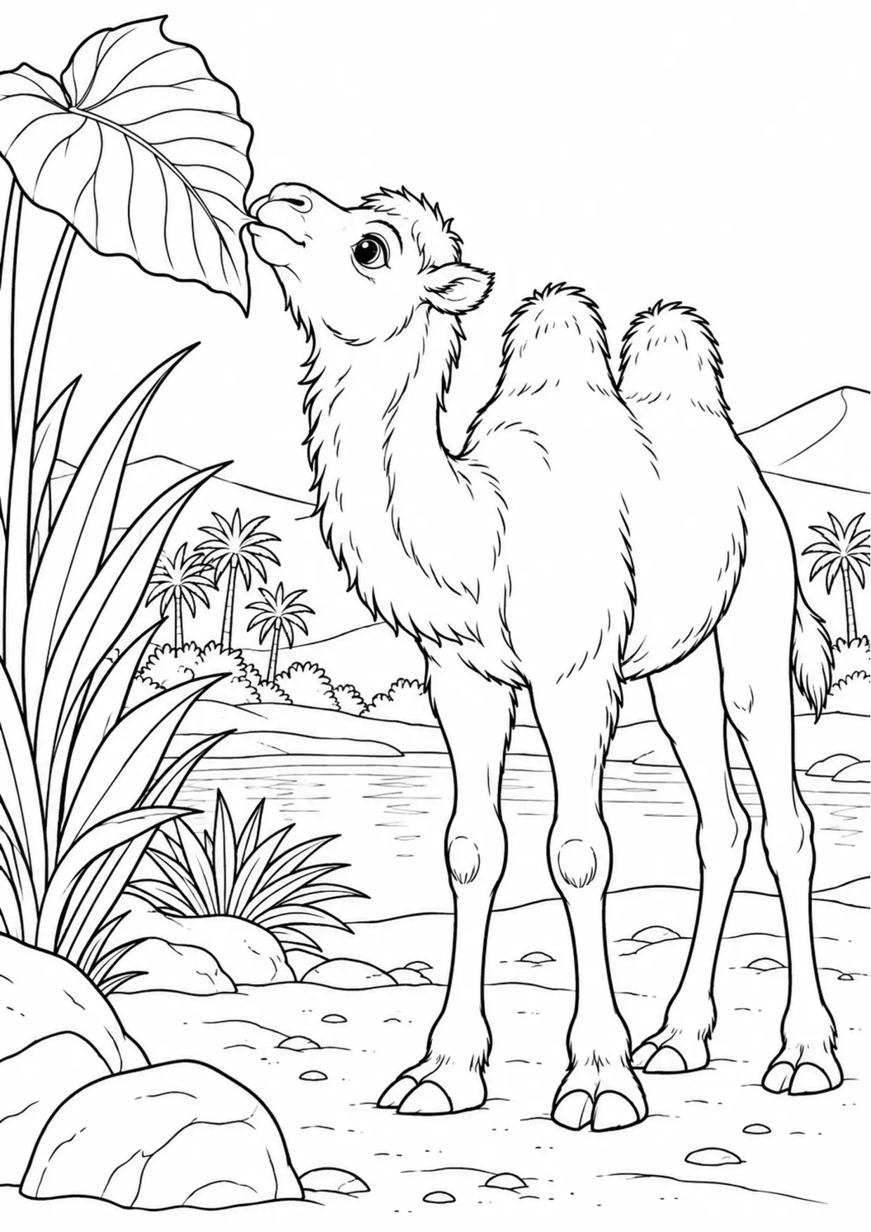 Coloriage chameau : jeune animal curieux avec une grande feuille à imprimer