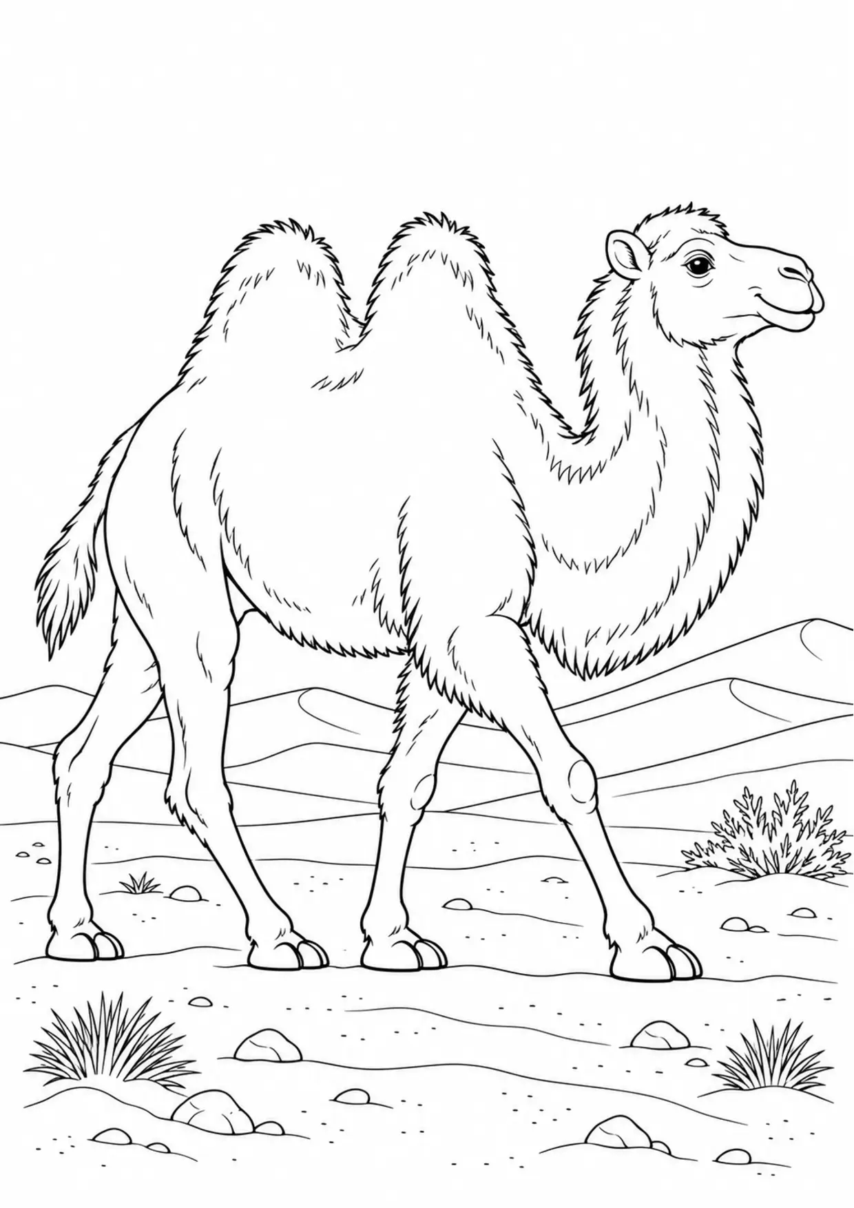 Coloriage chameau : profil marchant dans son habitat à imprimer