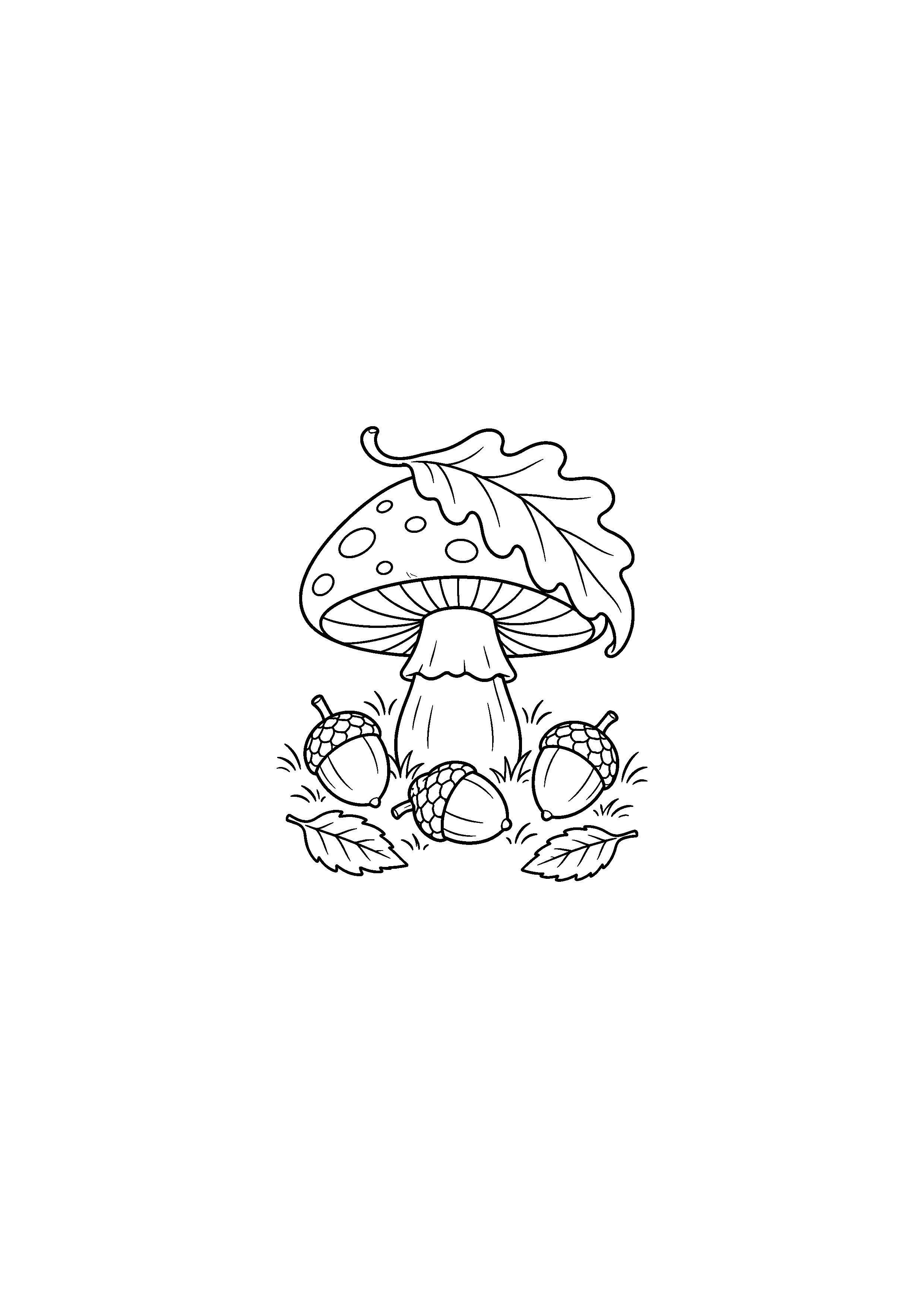Coloriage grand champignon sous une feuille avec trois glands à imprimer