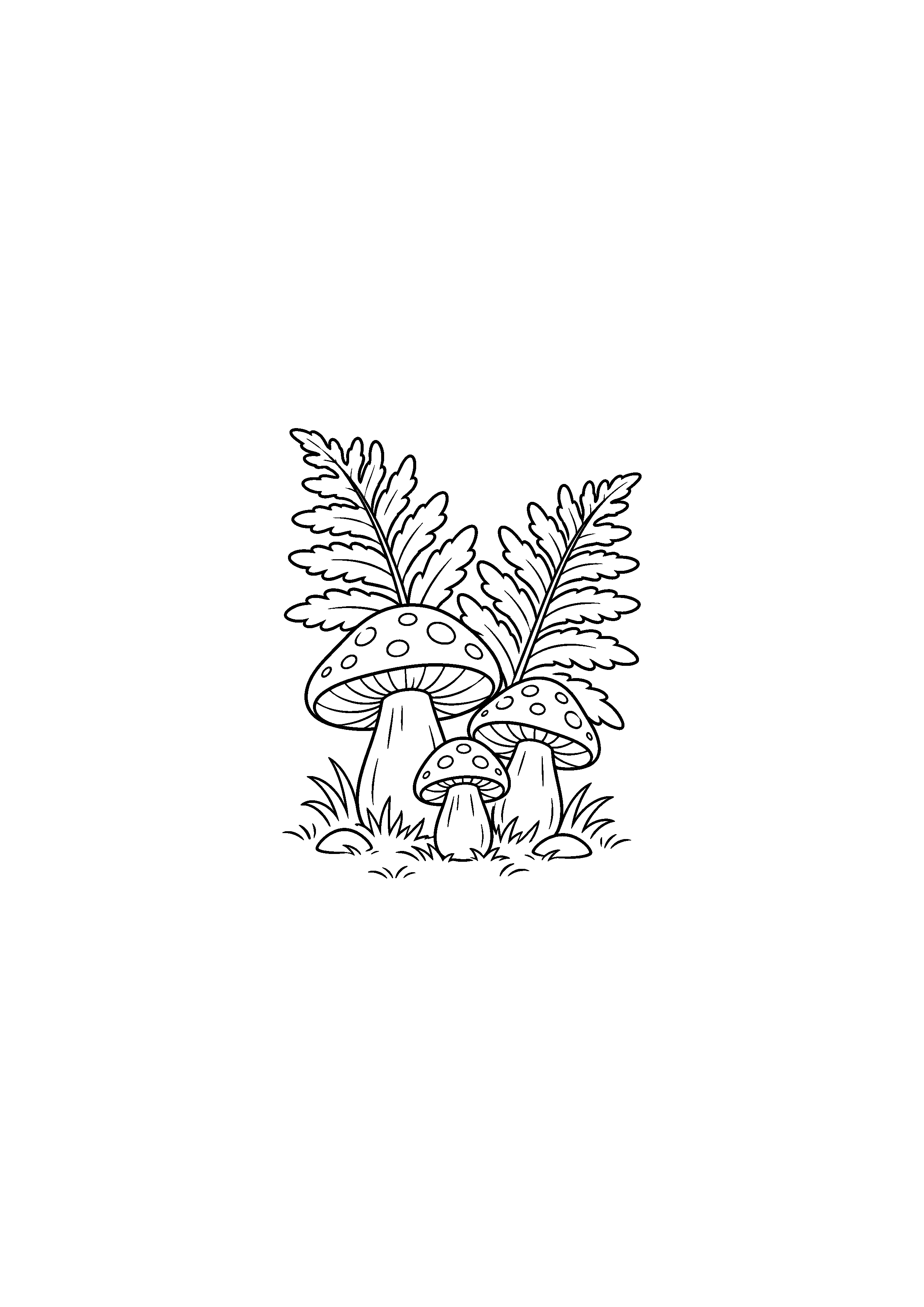 Coloriage famille de trois champignons sous une fougère à imprimer