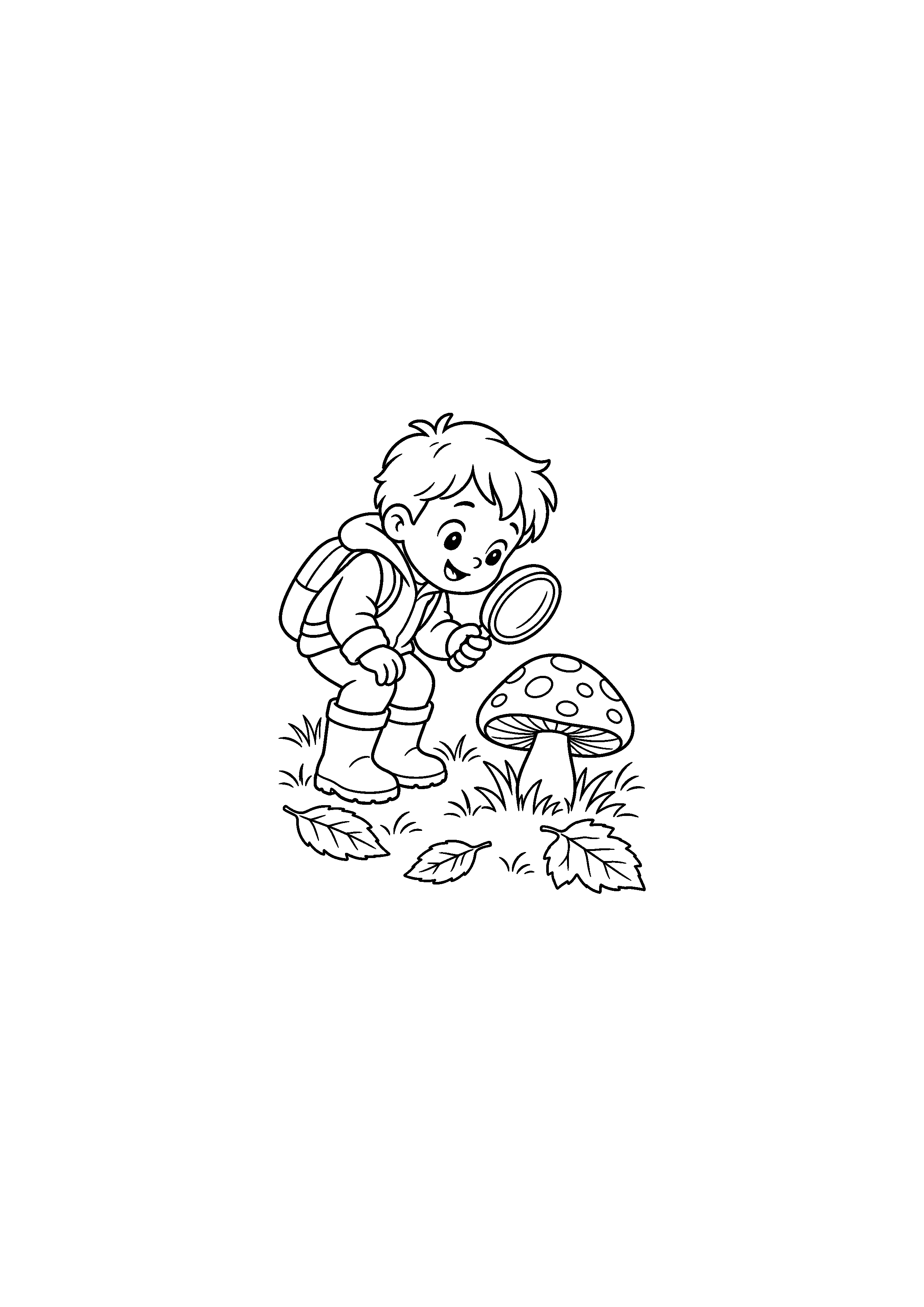 Coloriage enfant observant un champignon à la loupe à imprimer