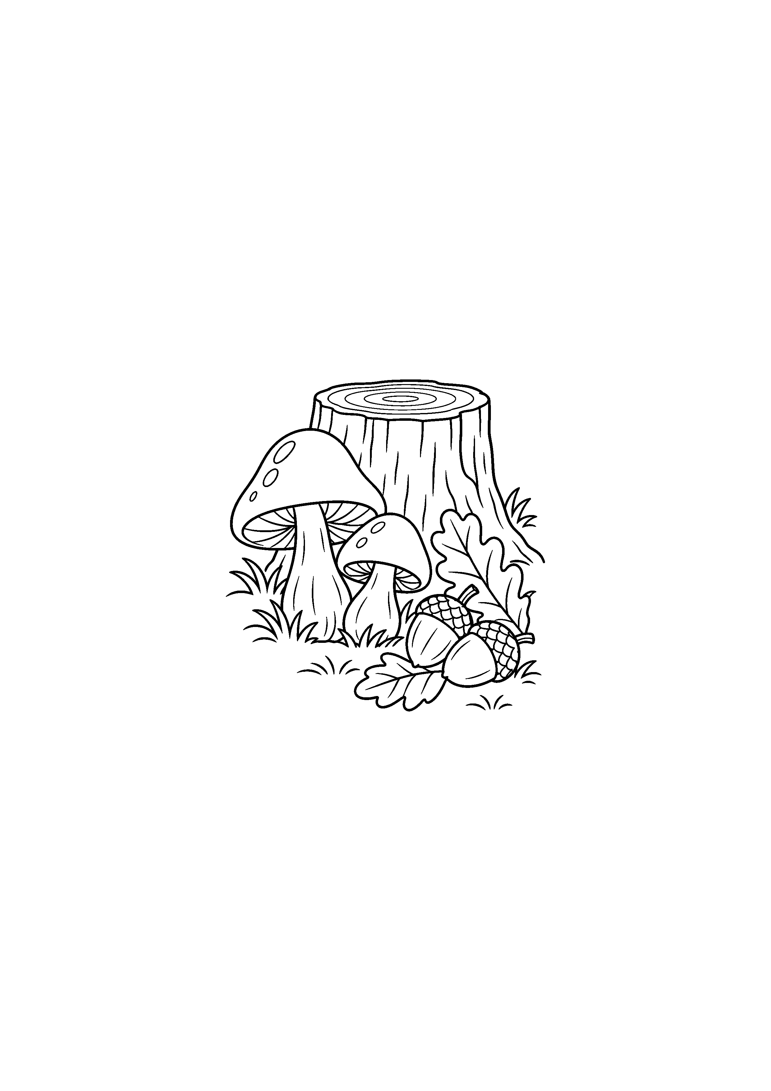 Coloriage champignons près d'une souche et de glands à imprimer