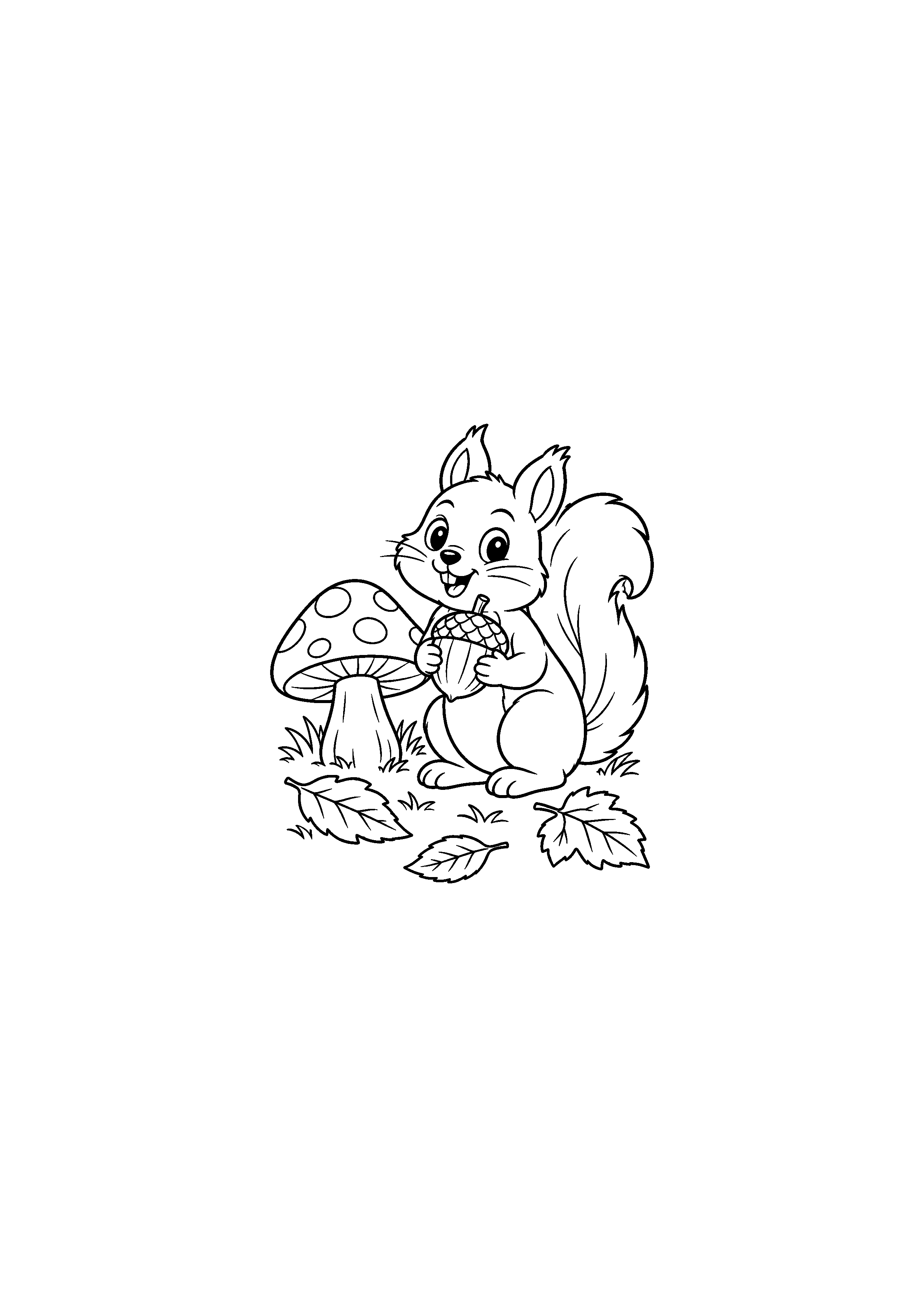 Coloriage écureuil avec un gland près d'un champignon à imprimer