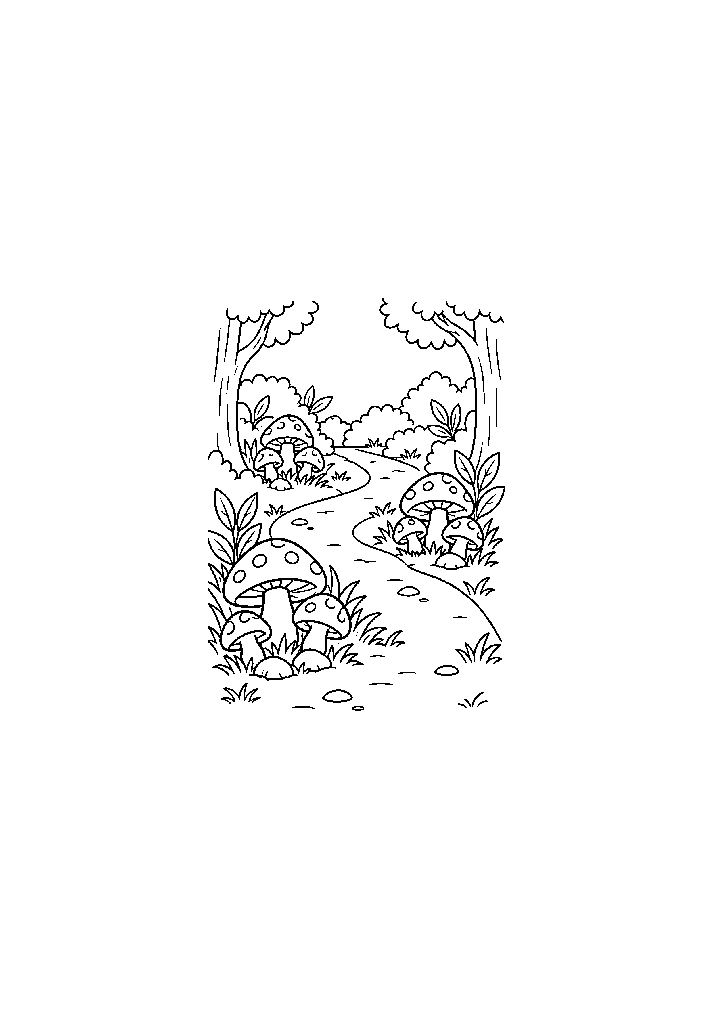 Coloriage chemin forestier bordé de champignons à imprimer