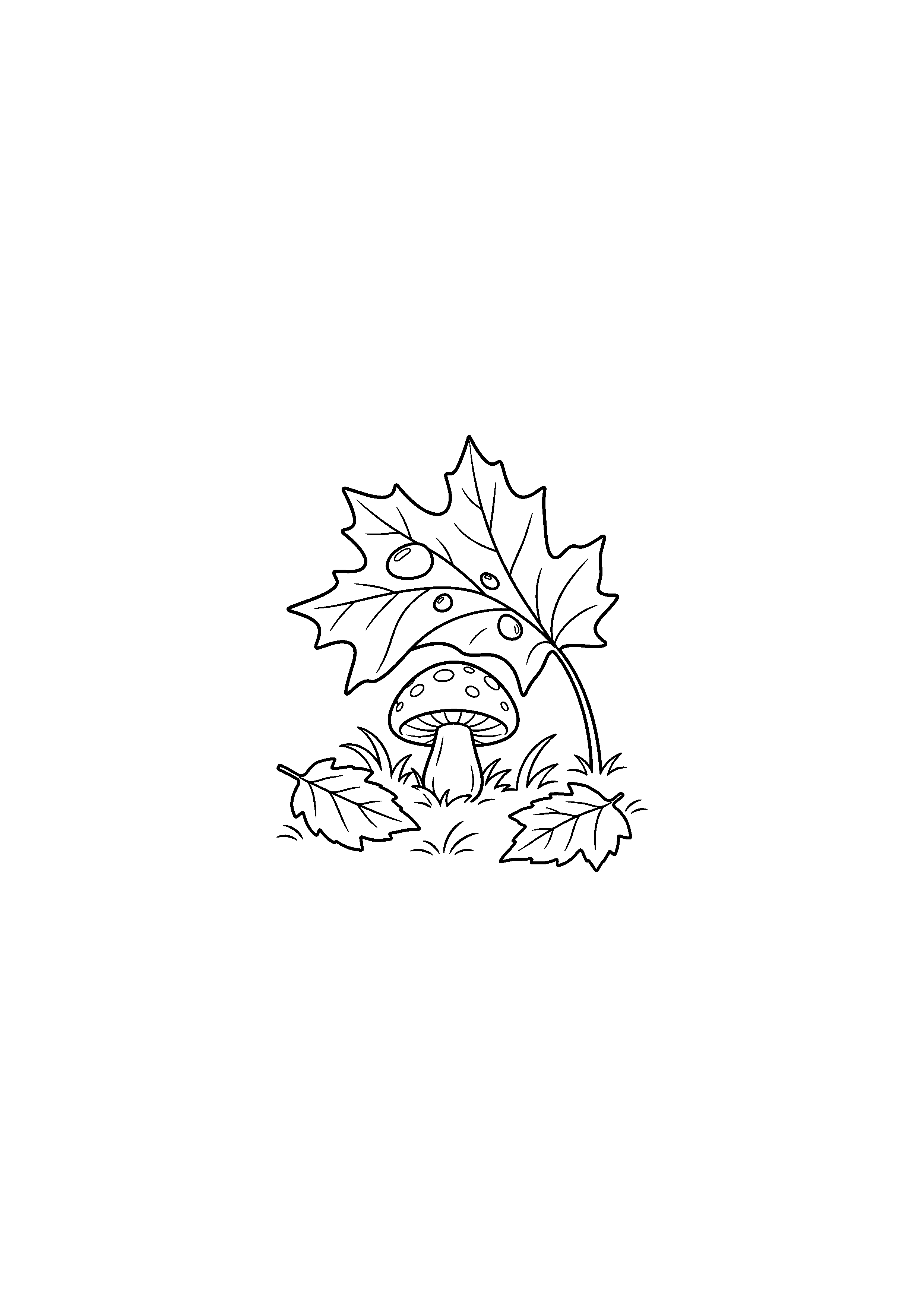 Coloriage petit champignon sous une feuille d'érable à imprimer