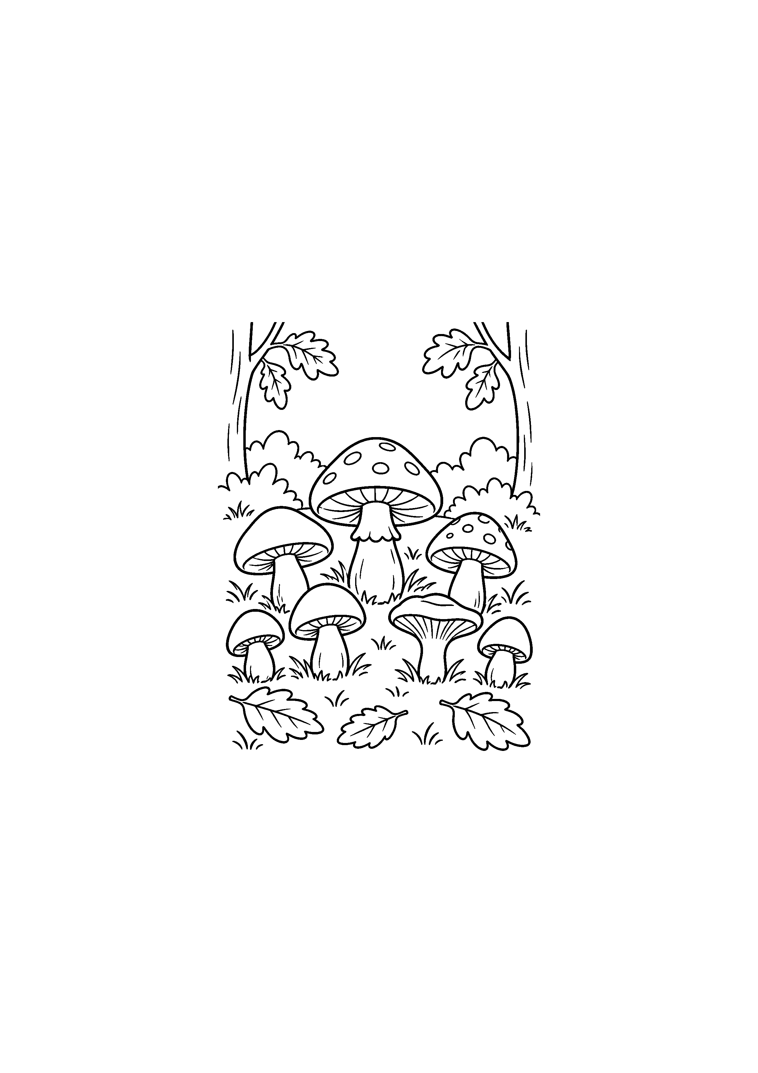 Coloriage arc de sept champignons dans une clairière à imprimer