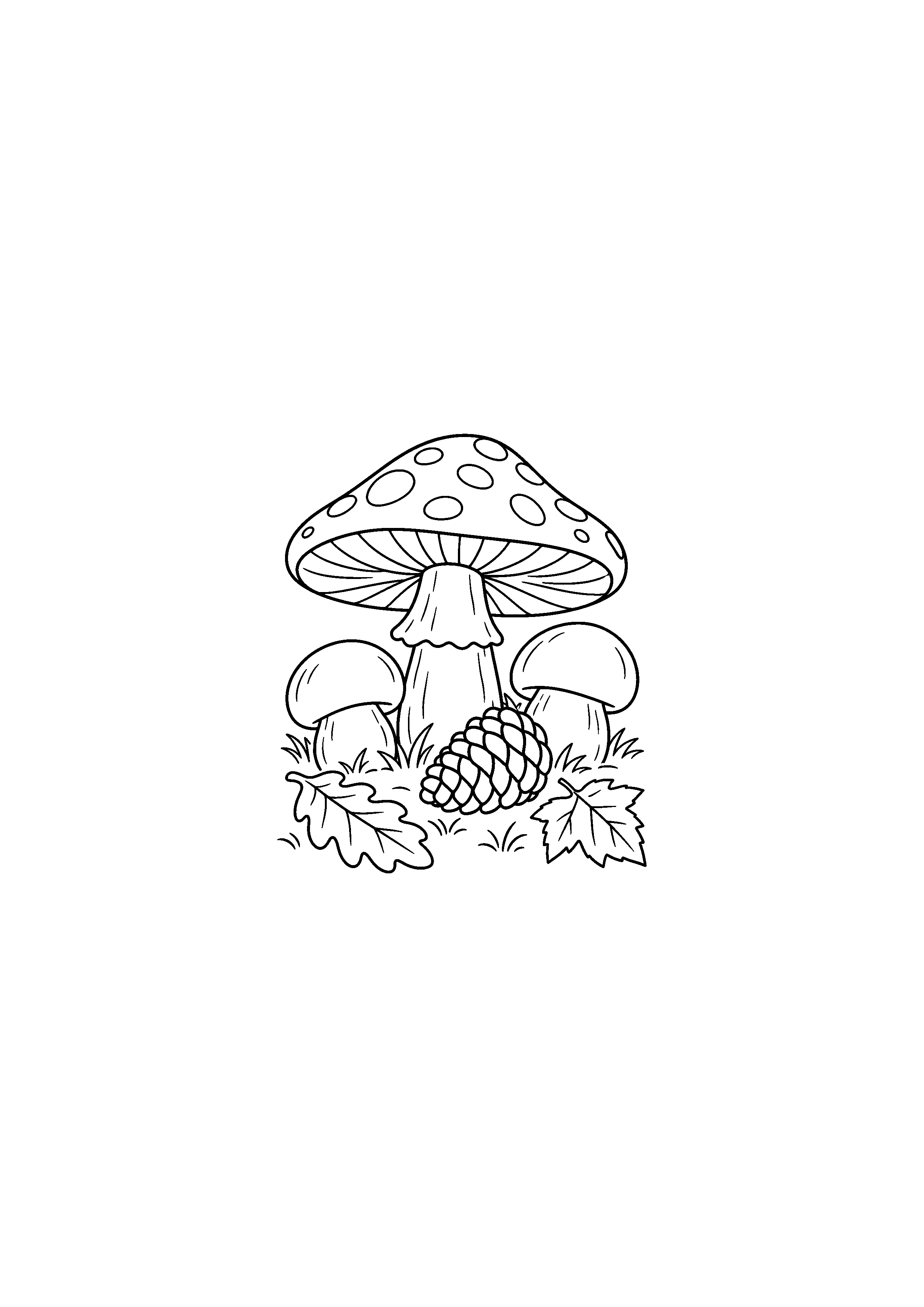 Coloriage champignon parapluie, petits champignons et pomme de pin à imprimer