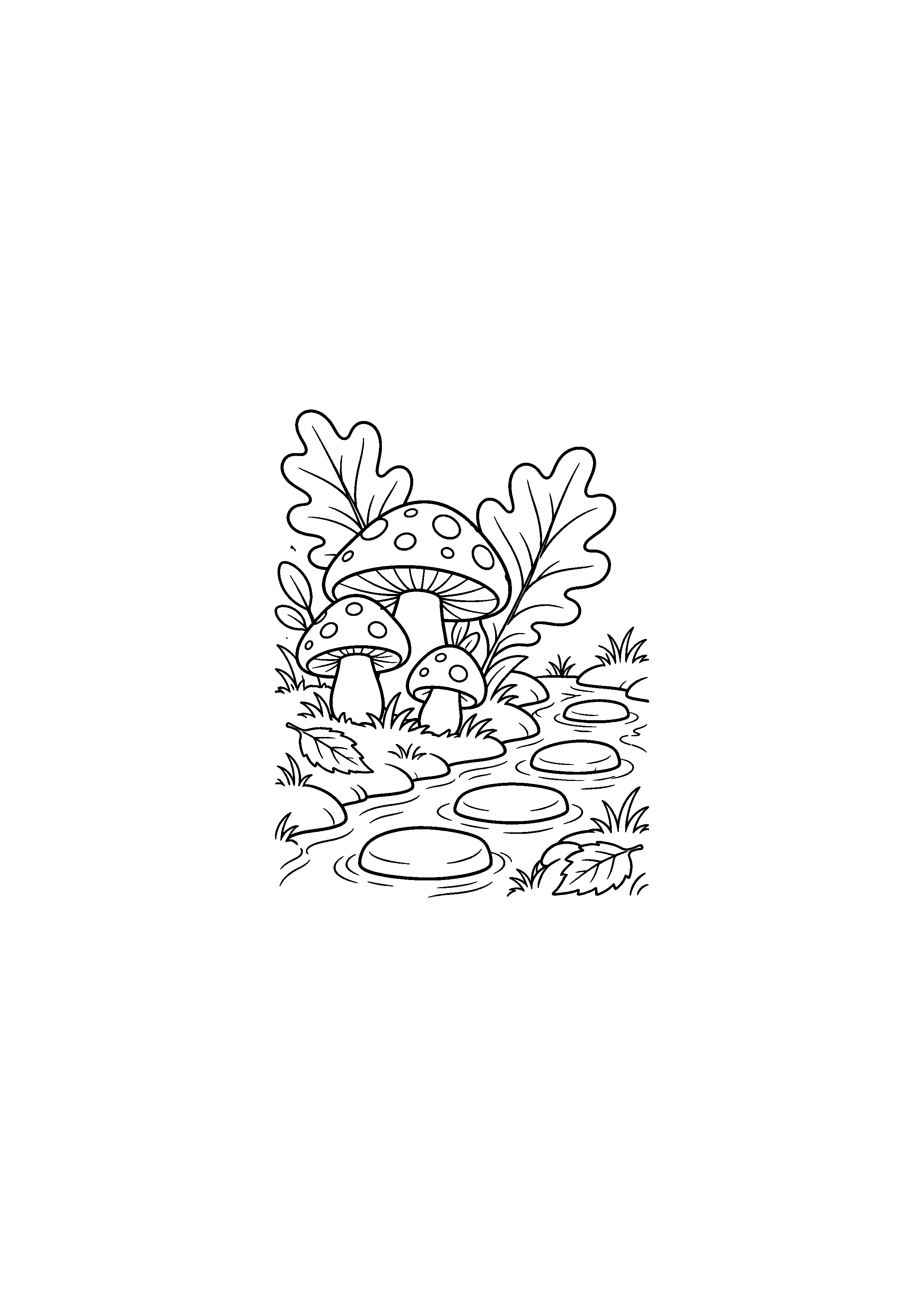 Coloriage champignons au bord d'un ruisseau à imprimer