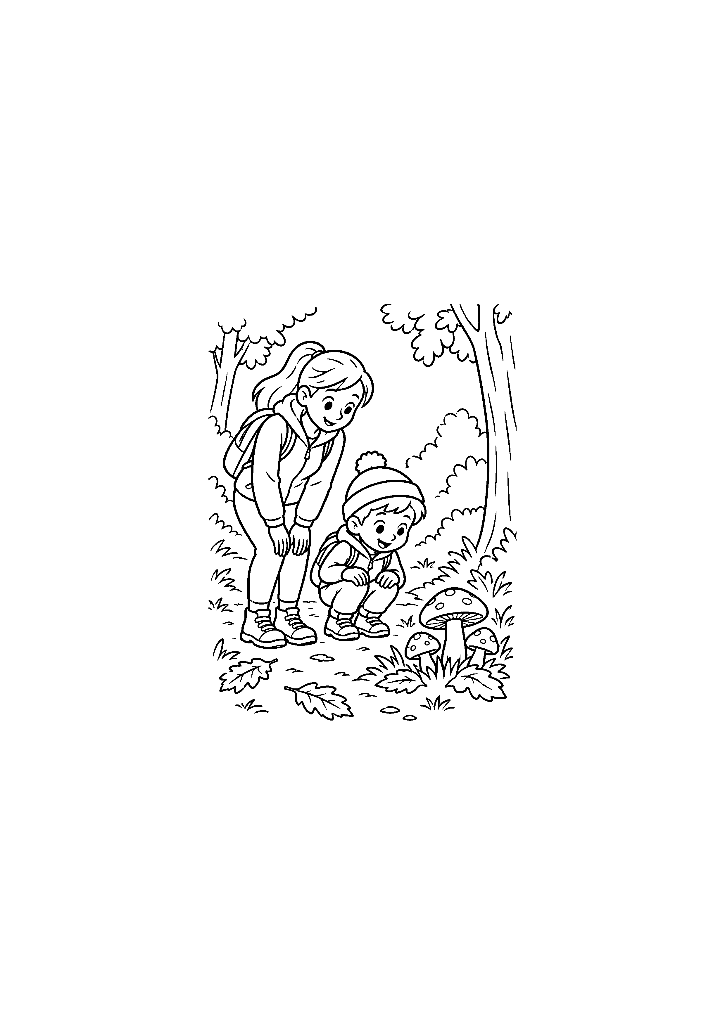 Coloriage promeneurs observant des champignons en forêt à imprimer
