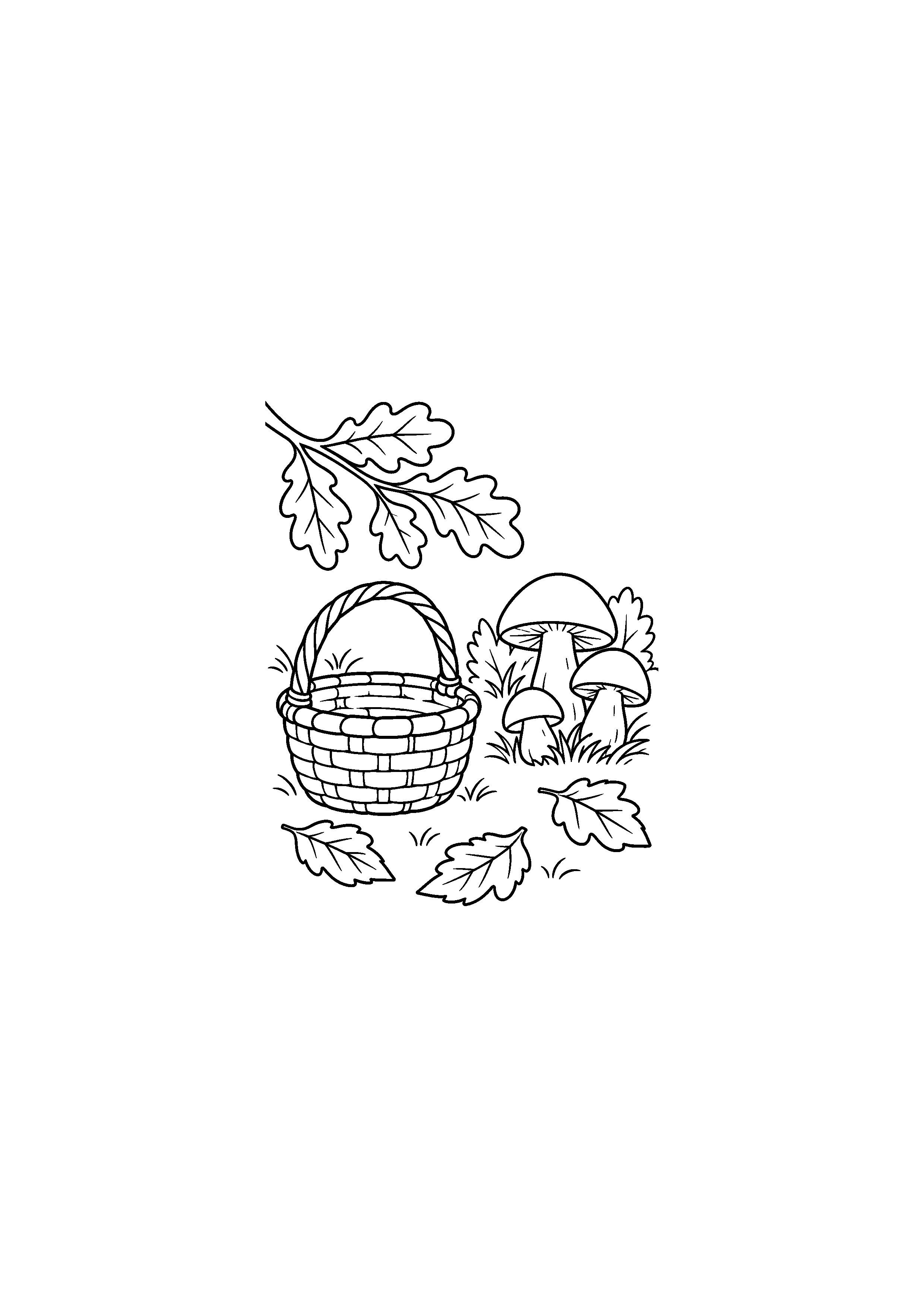 Coloriage panier posé près de champignons dans le sous-bois à imprimer