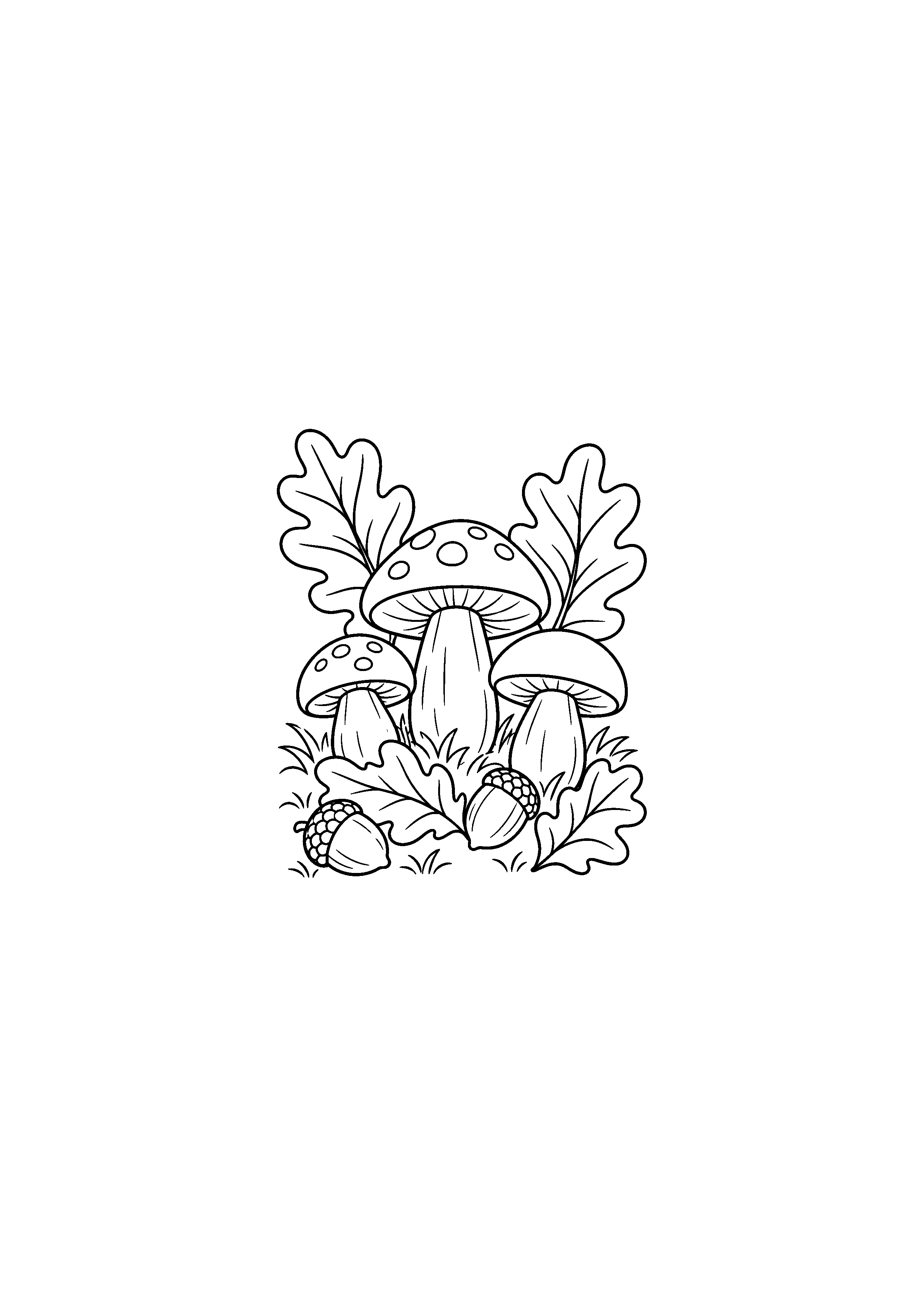 Coloriage champignons entourés de feuilles de chêne et glands à imprimer