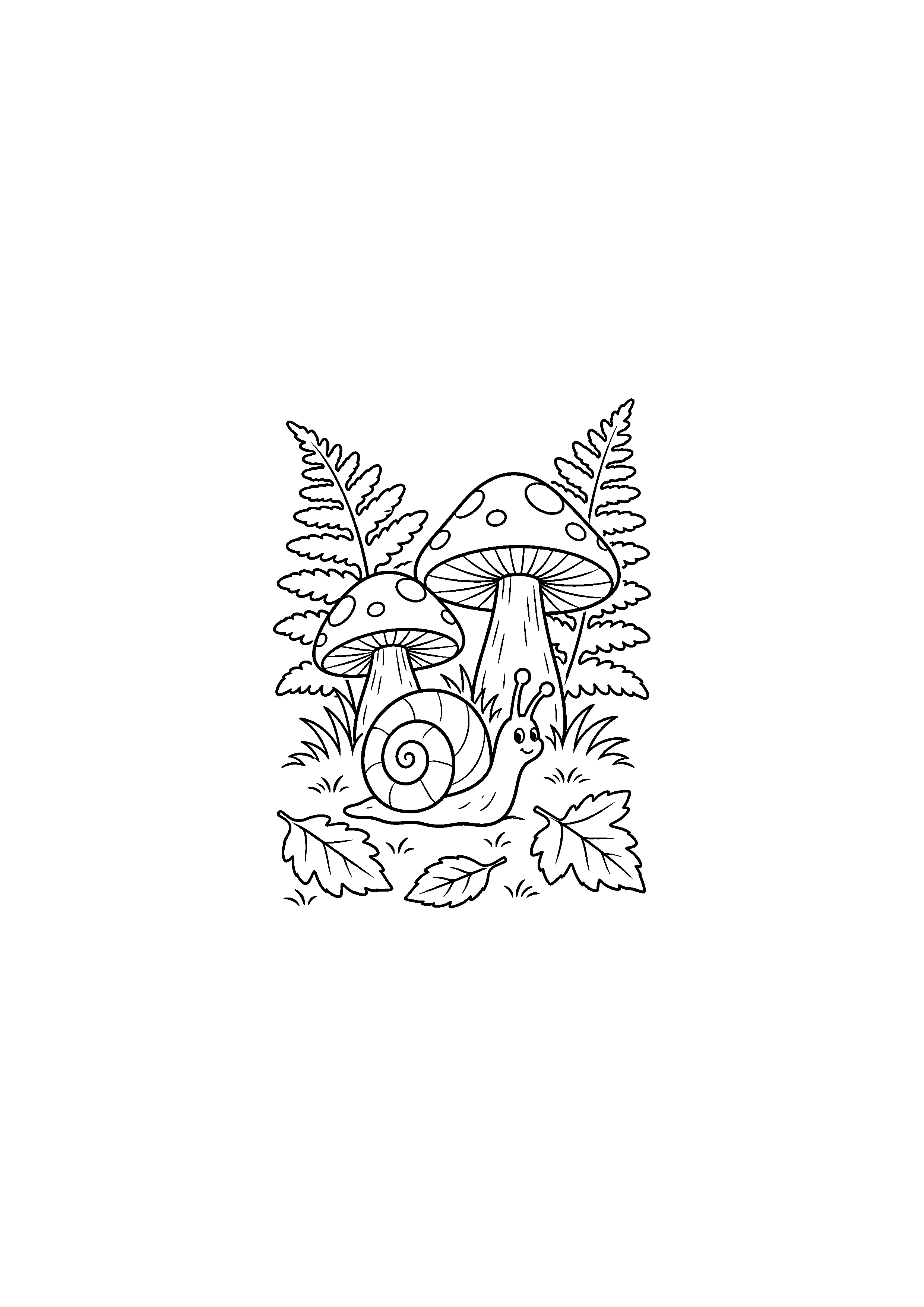 Coloriage escargot devant deux champignons et des fougères à imprimer