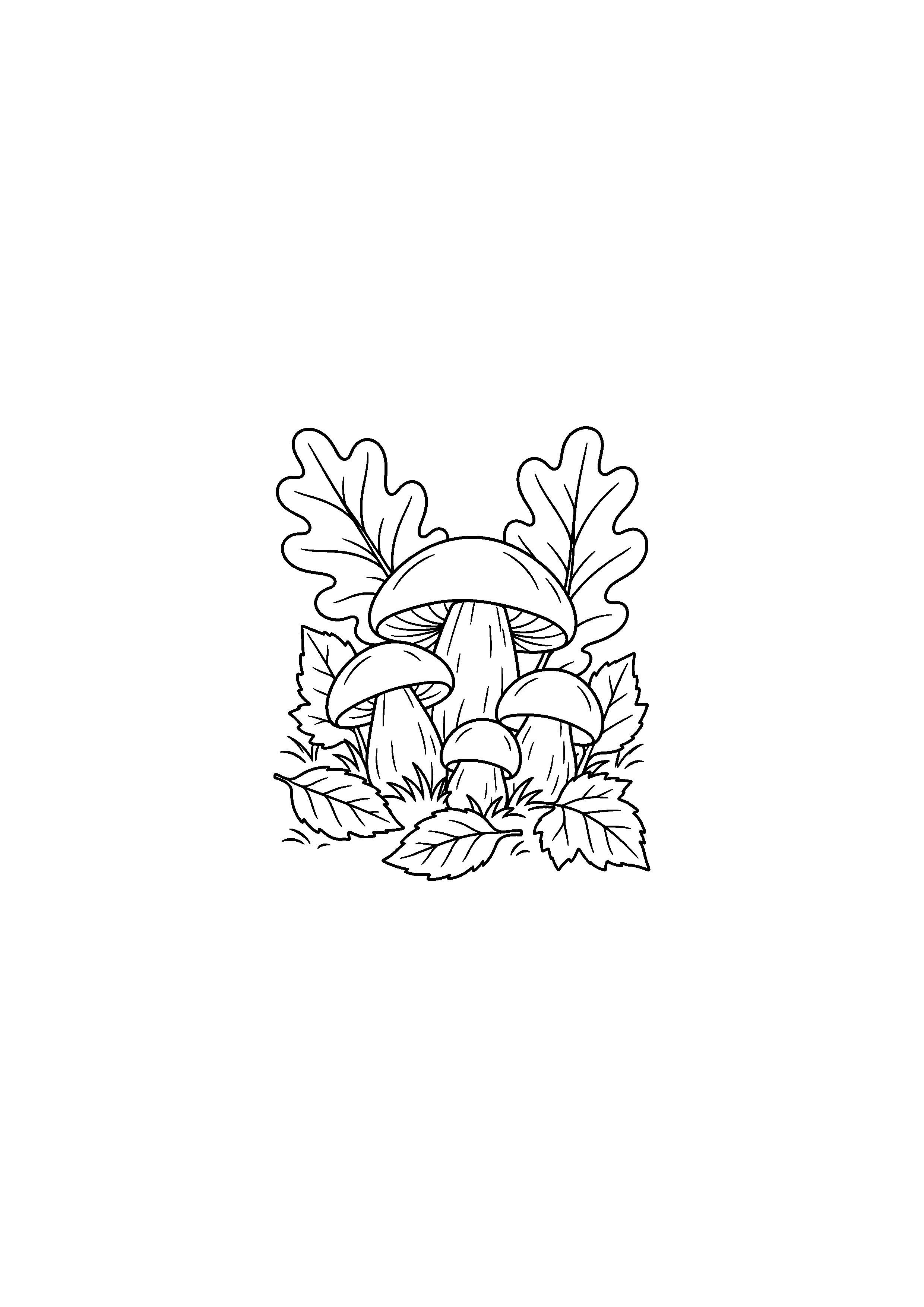 Coloriage groupe naturel de champignons dans les feuilles à imprimer