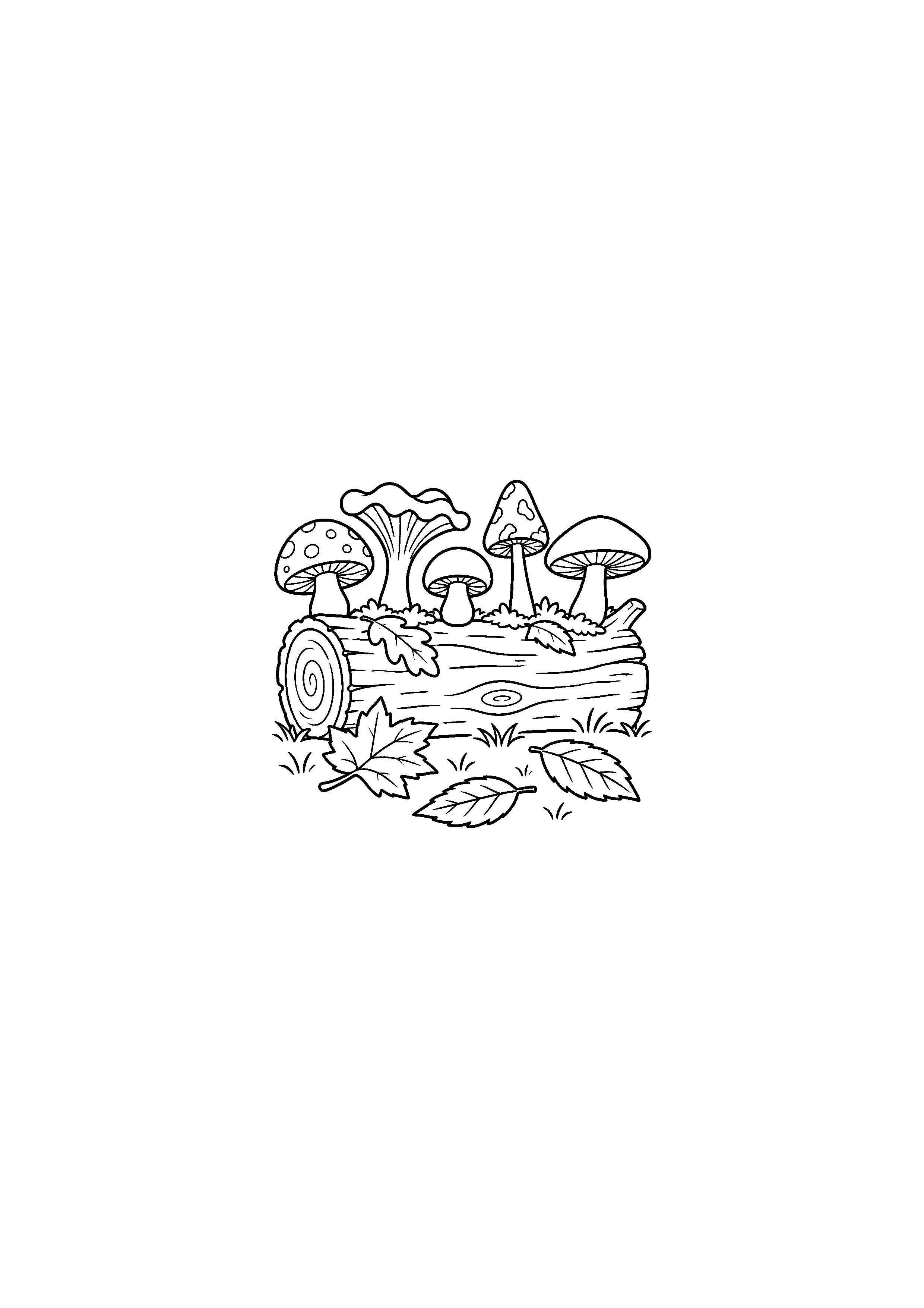 Coloriage cinq champignons sur un tronc tombé à imprimer