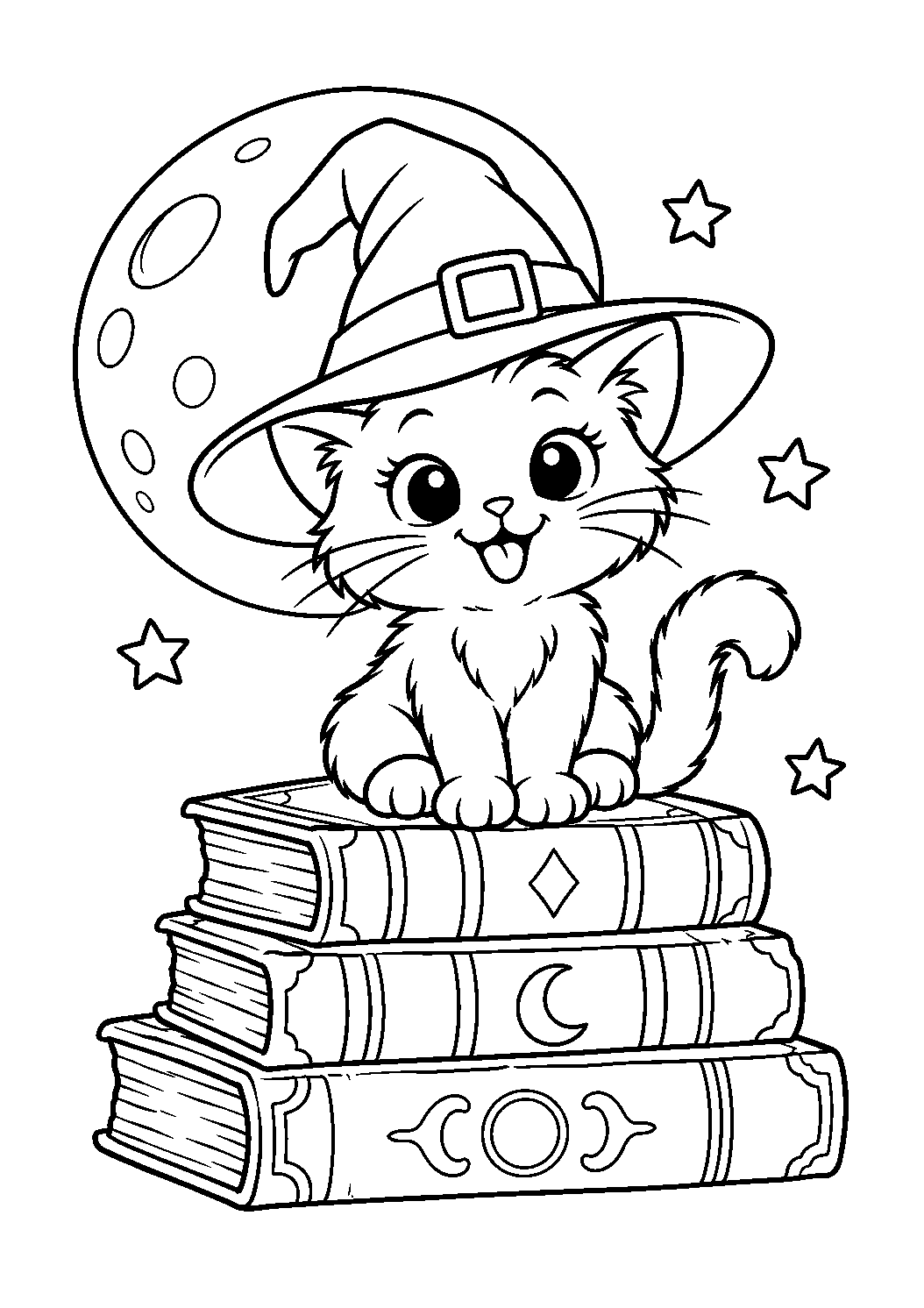 Chat noir avec chapeau de sorcière assis sur des grimoires à colorier