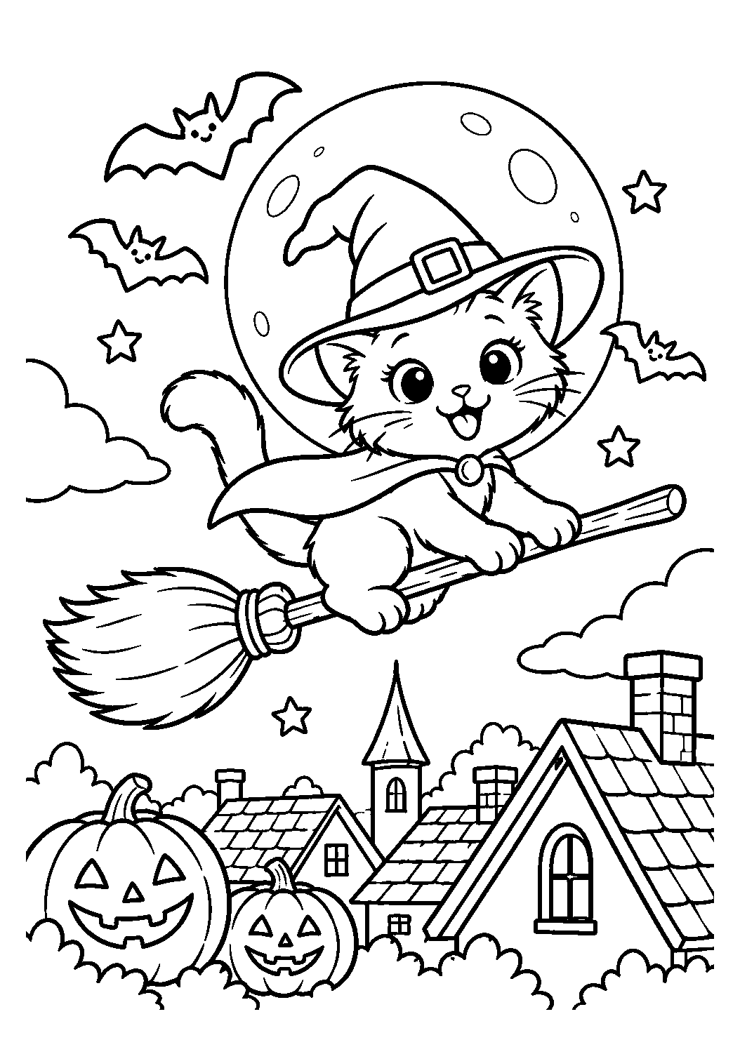 Chat noir sorcier volant sur un balai au-dessus des maisons à colorier