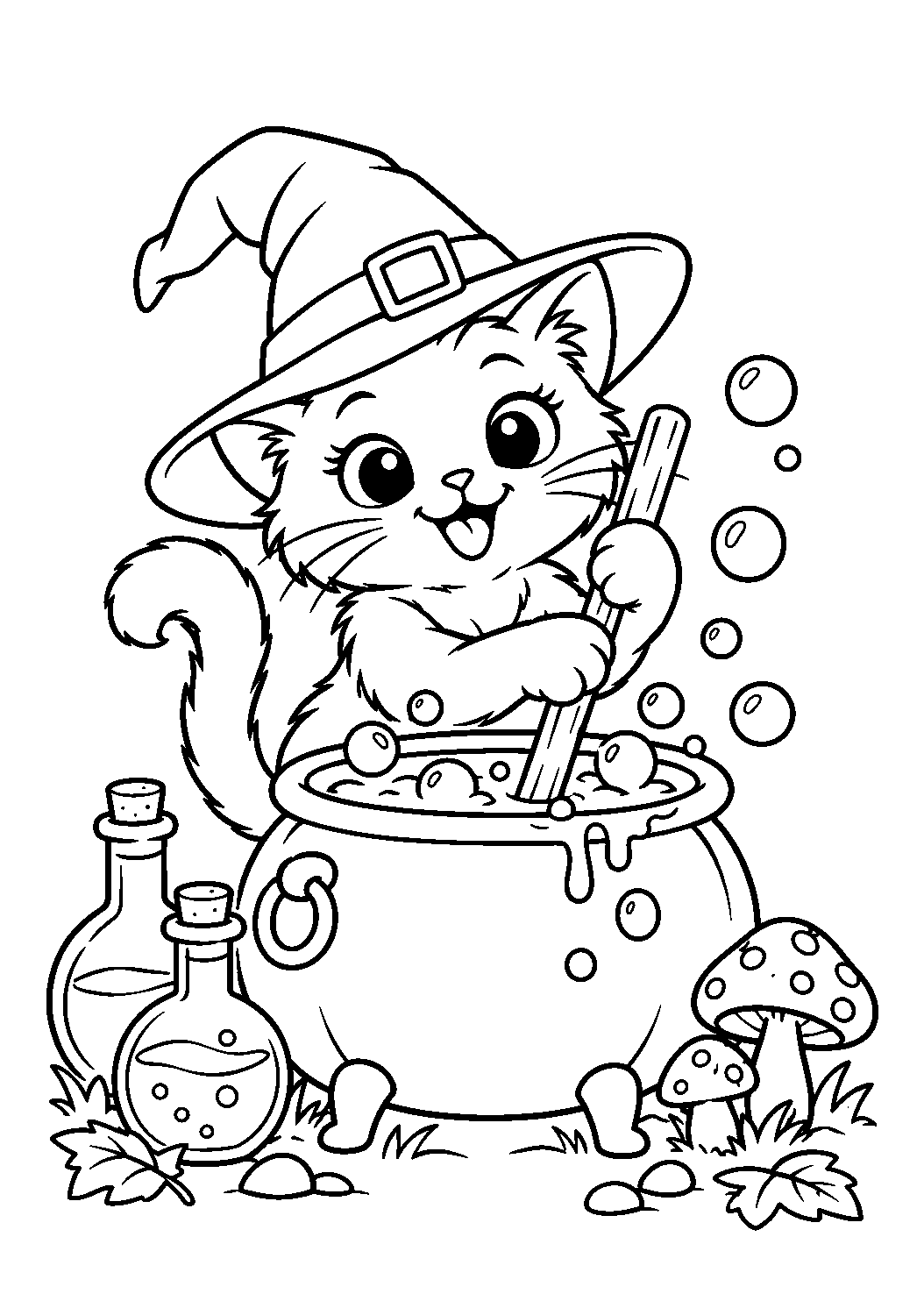 Chat noir remuant une potion bouillonnante dans un chaudron à colorier