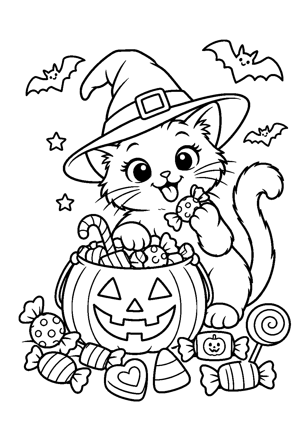 Chat noir avec panier citrouille et nombreux bonbons à colorier