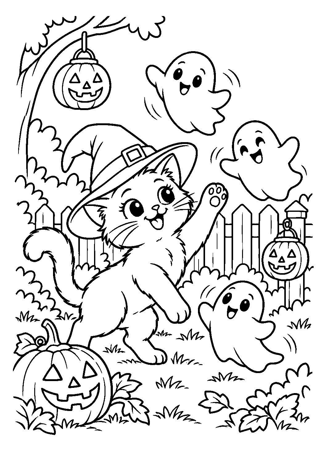 Chat noir jouant dans un jardin avec trois petits fantômes à colorier