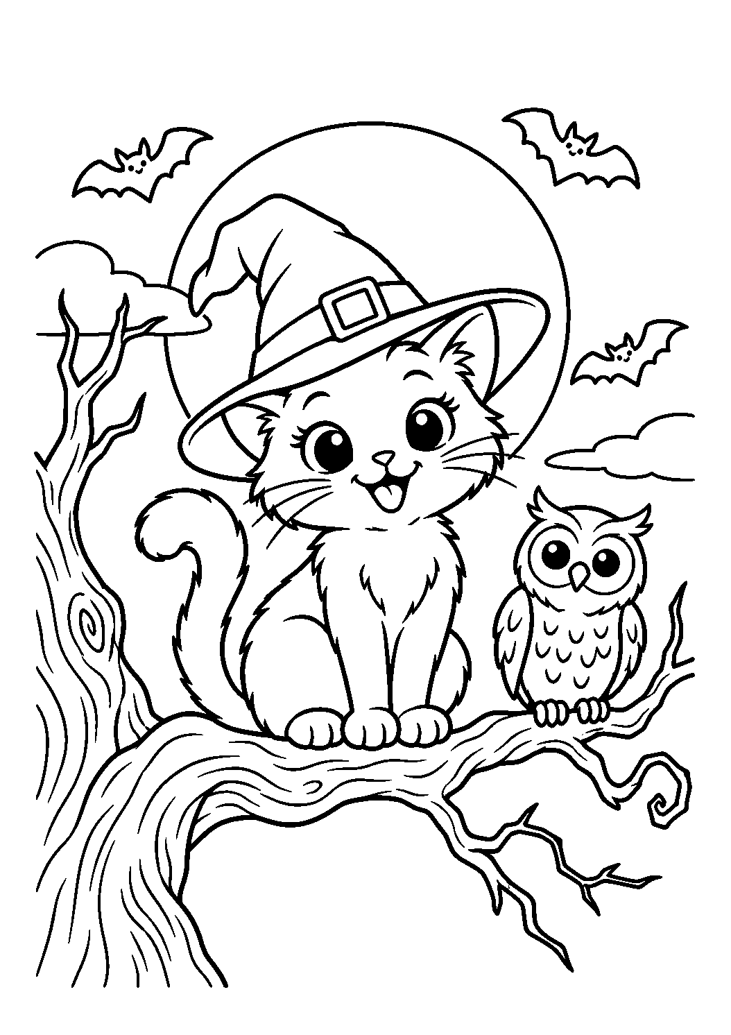 Chat noir perché sur une branche avec hibou et pleine lune à colorier