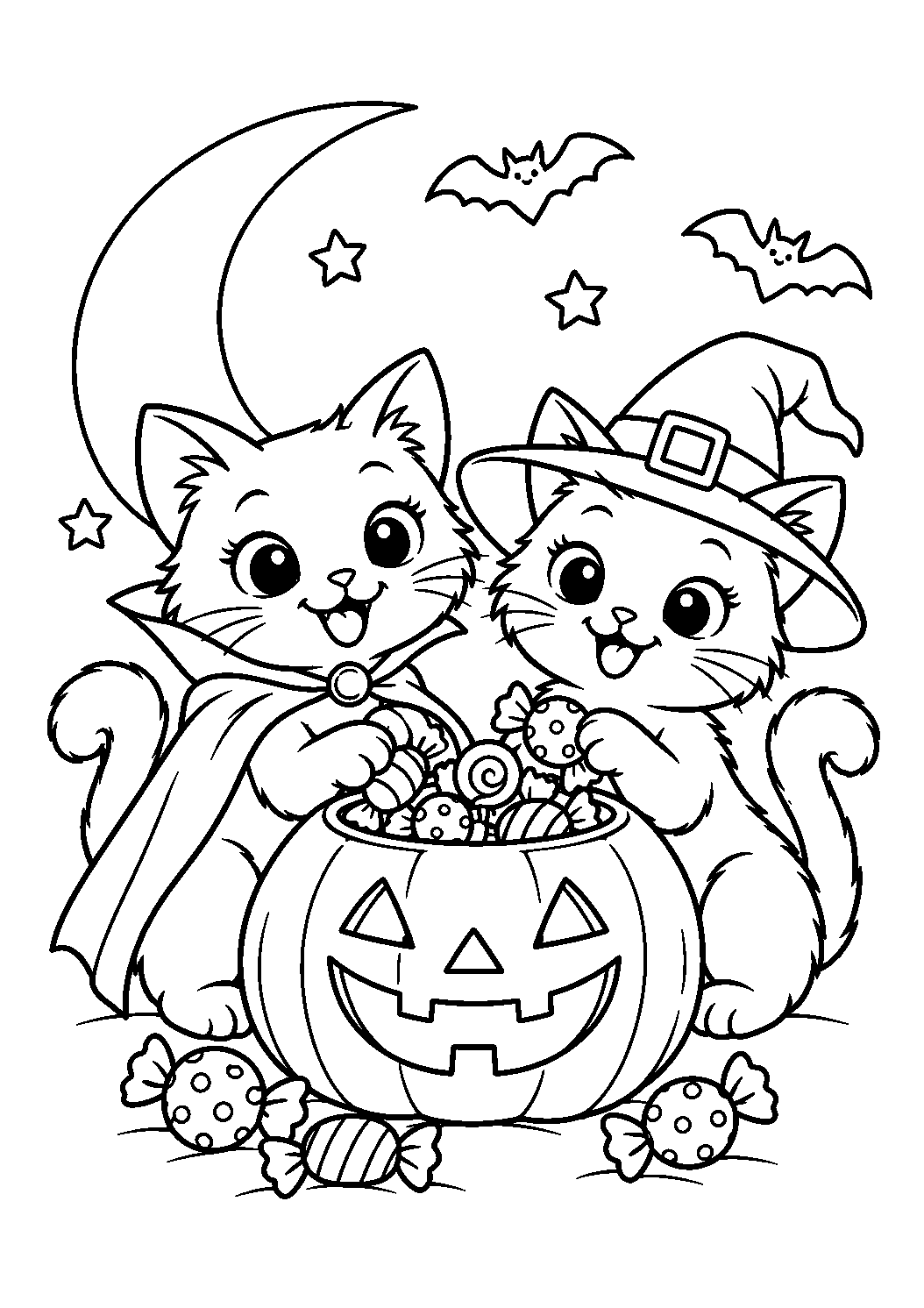 Deux chats déguisés partageant un panier de bonbons à colorier