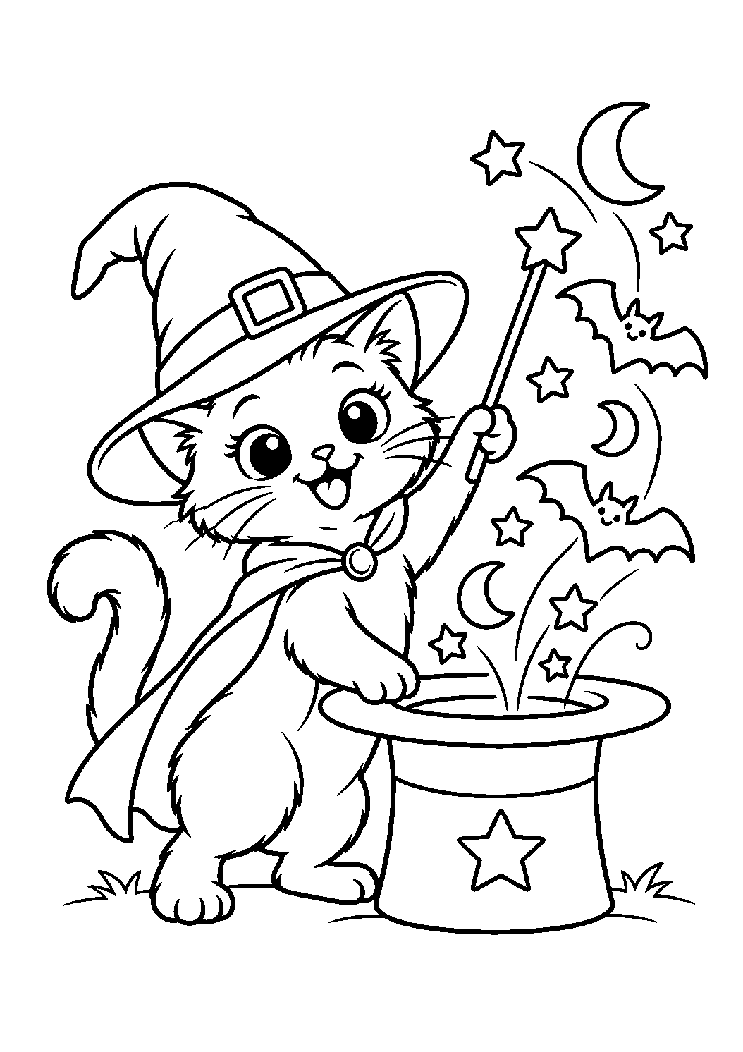Chat noir magicien faisant sortir étoiles et lune d’un chapeau à colorier
