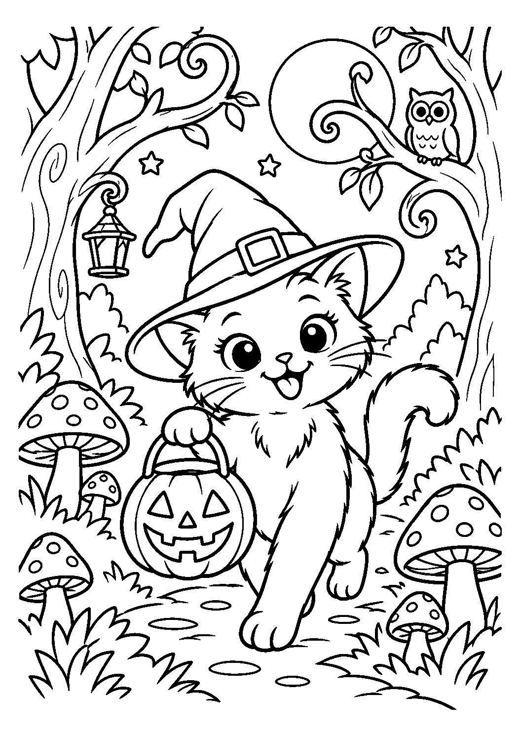 Chat noir avec lanterne citrouille dans une forêt de champignons à colorier