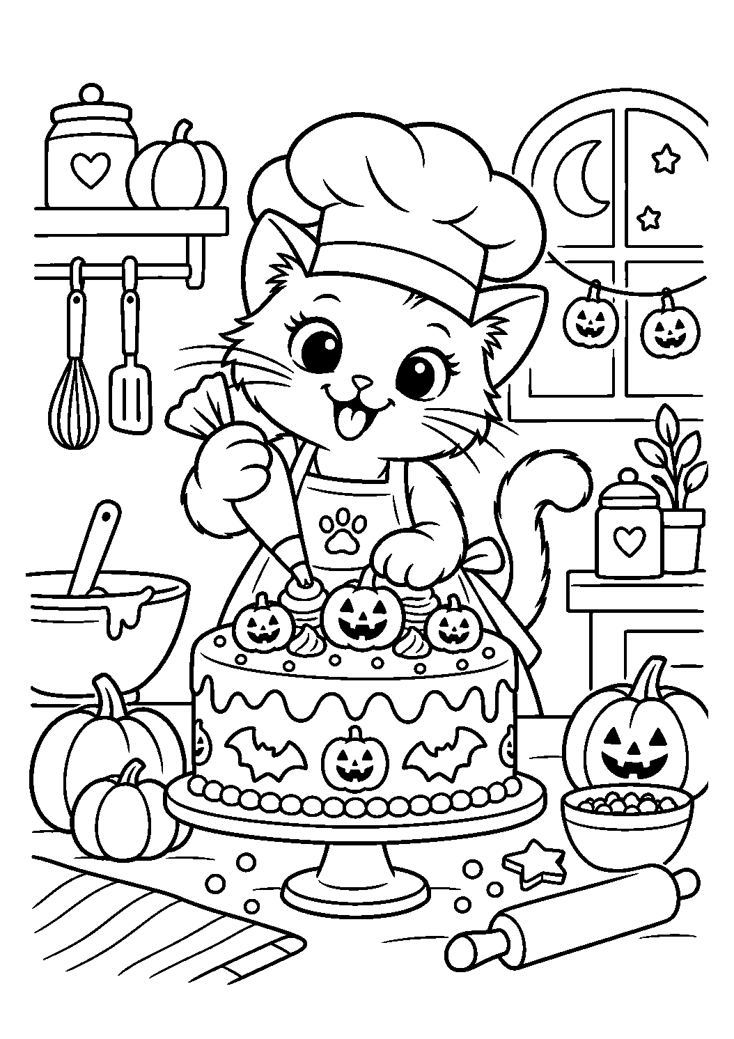 Chat noir chef décorant un gâteau avec des citrouilles à colorier
