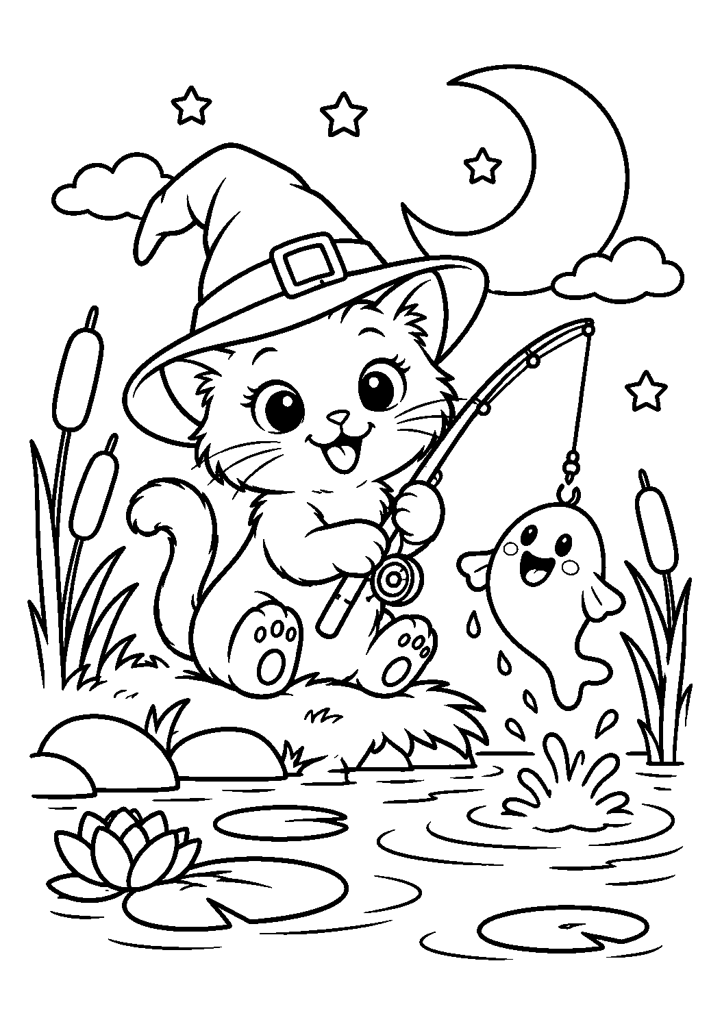 Chat noir à la pêche avec un petit poisson fantôme à colorier