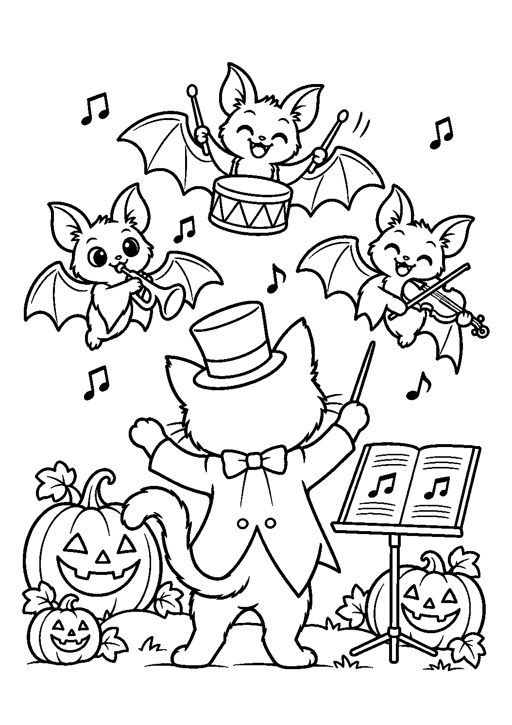 Chat noir dirigeant un orchestre de chauves-souris à colorier